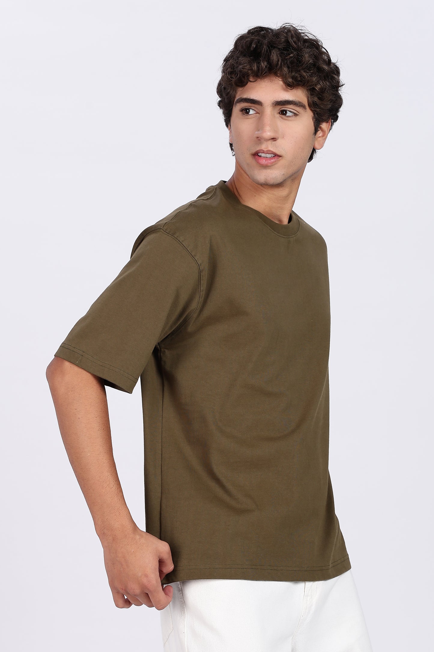 Five-Sleeve Drop Shoulder Olive Green T-Shirt