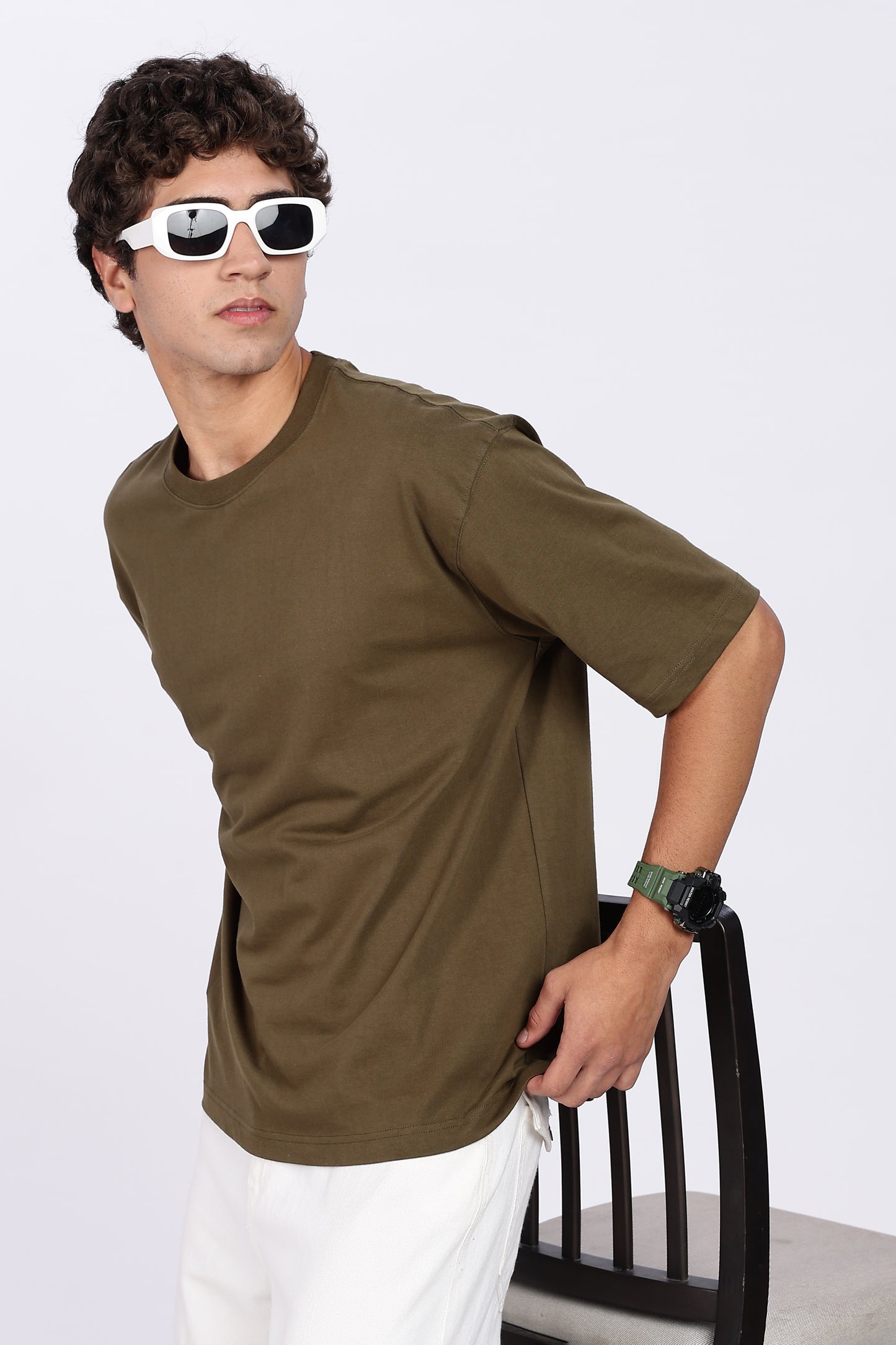 Five-Sleeve Drop Shoulder Olive Green T-Shirt