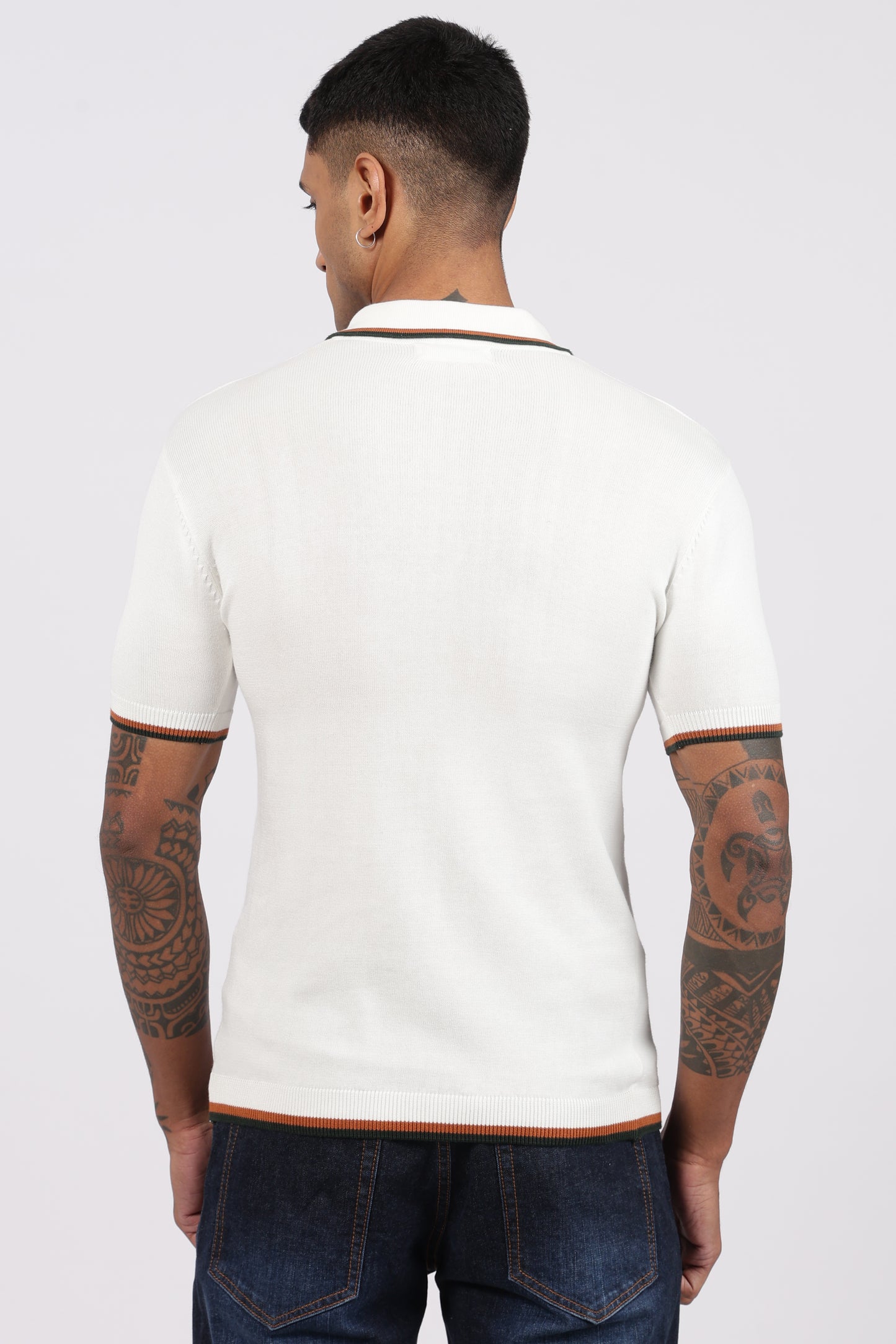 White Textured Stripe Knit Zipper Polo T-Shirt