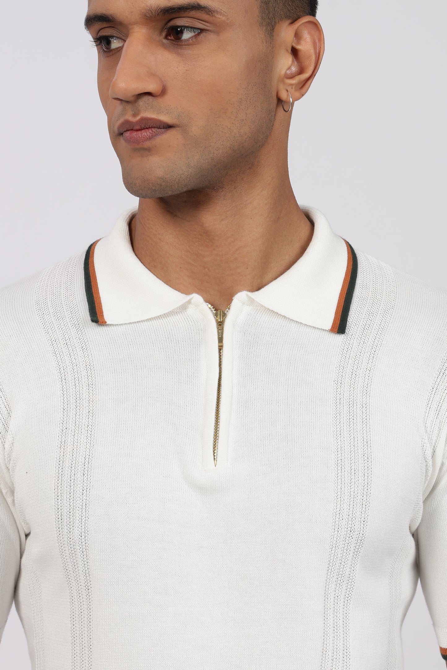 White Textured Stripe Knit Zipper Polo T-Shirt