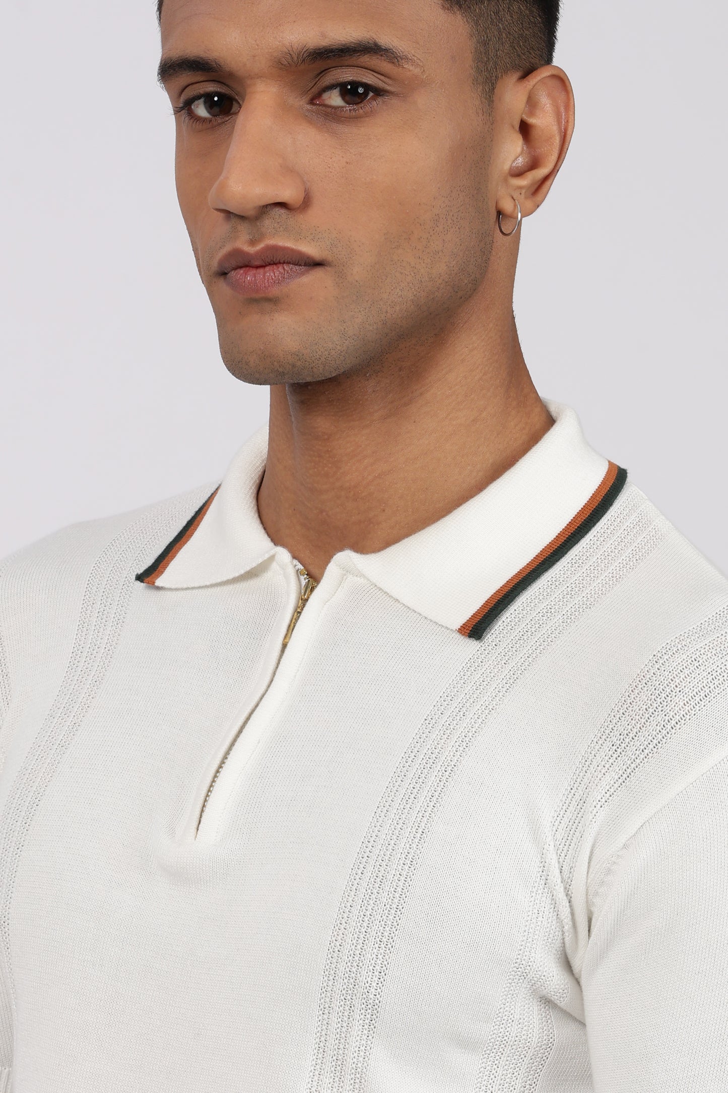 White Textured Stripe Knit Zipper Polo T-Shirt