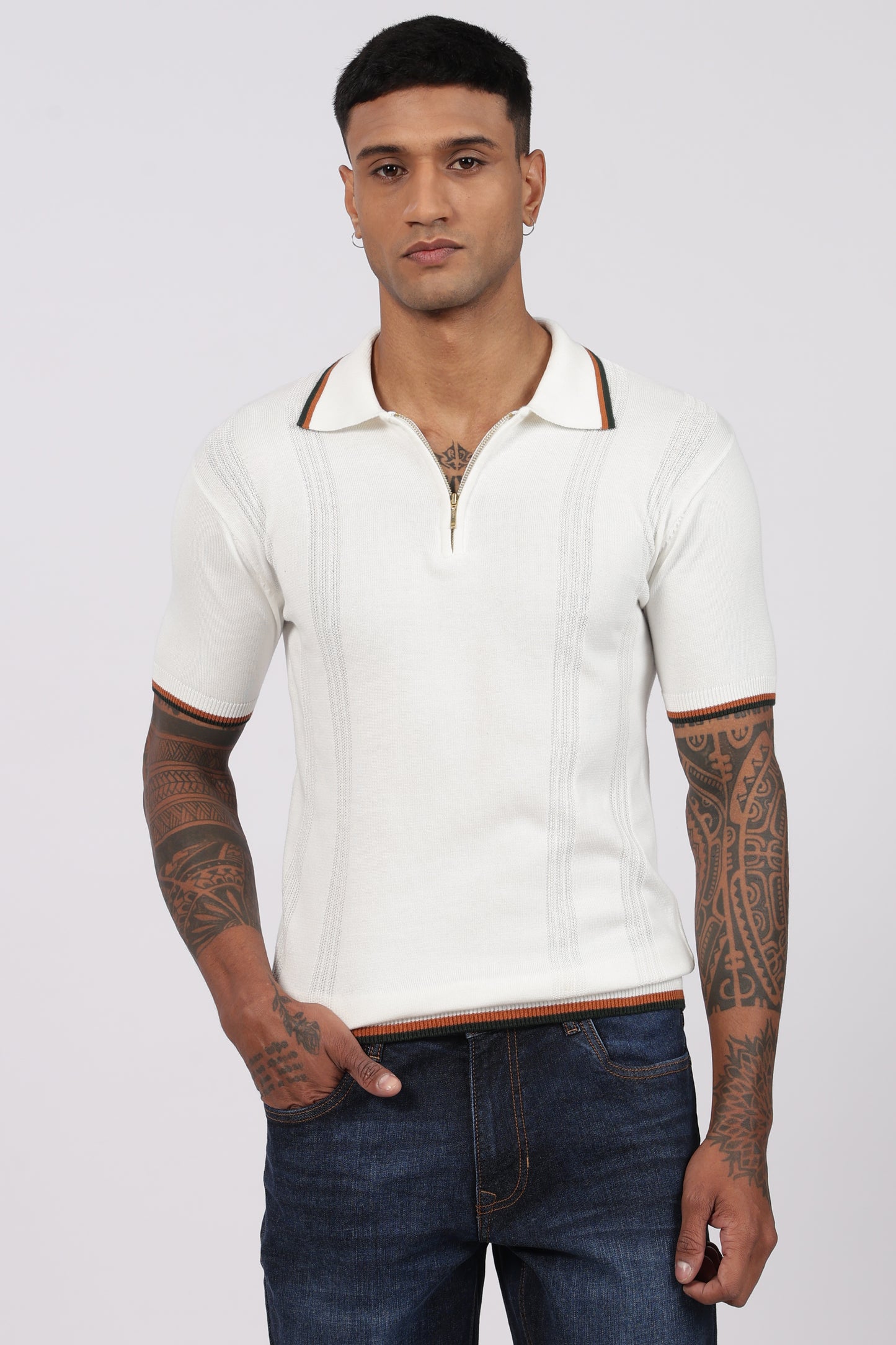 White Textured Stripe Knit Zipper Polo T-Shirt