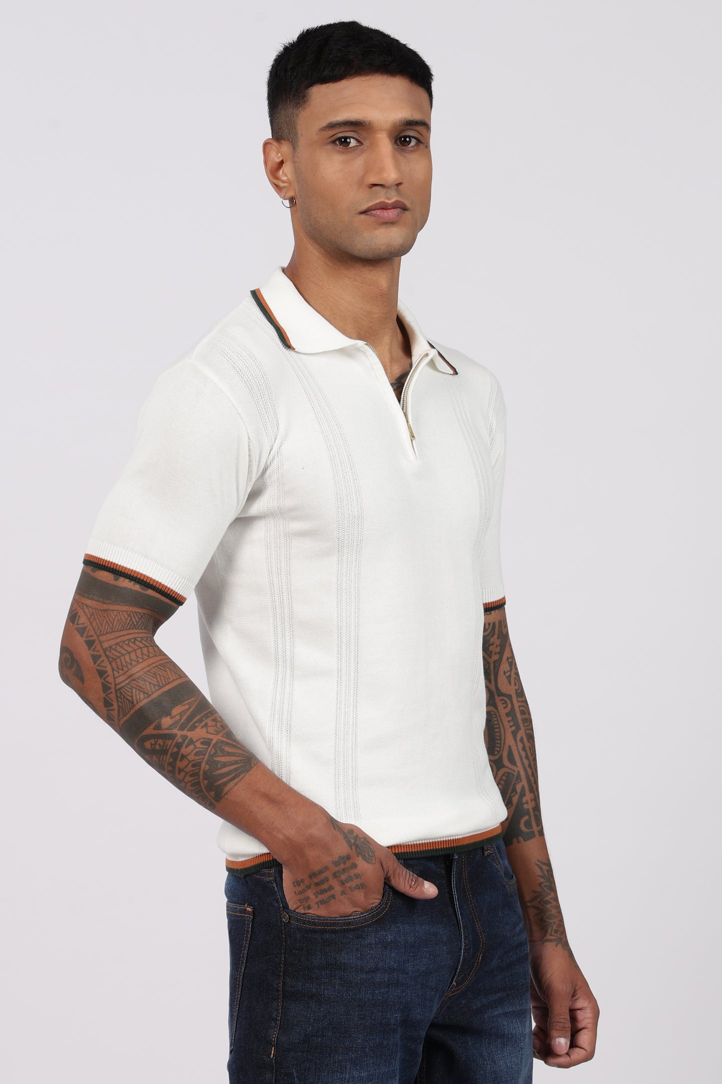 White Textured Stripe Knit Zipper Polo T-Shirt
