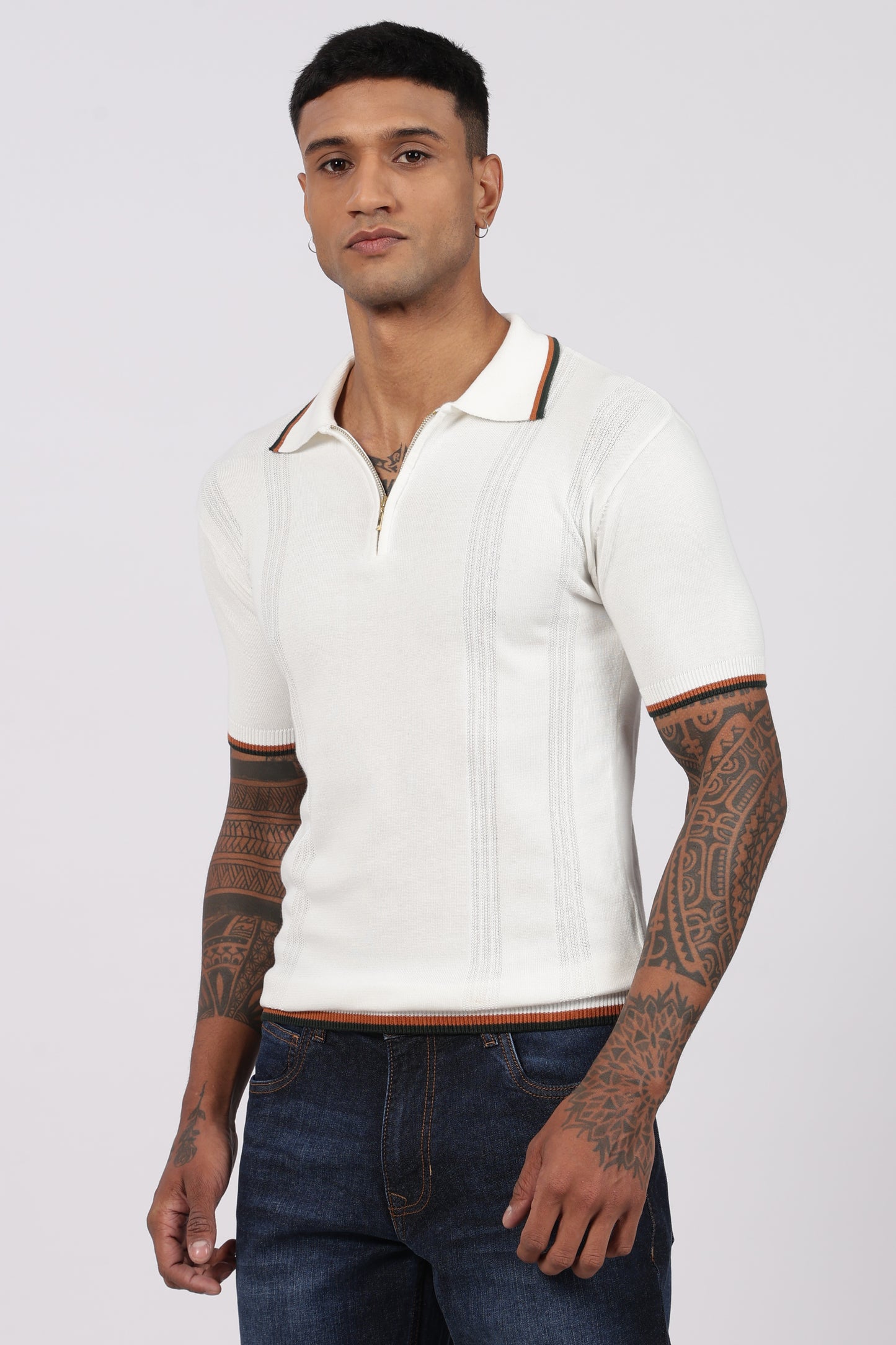 White Textured Stripe Knit Zipper Polo T-Shirt