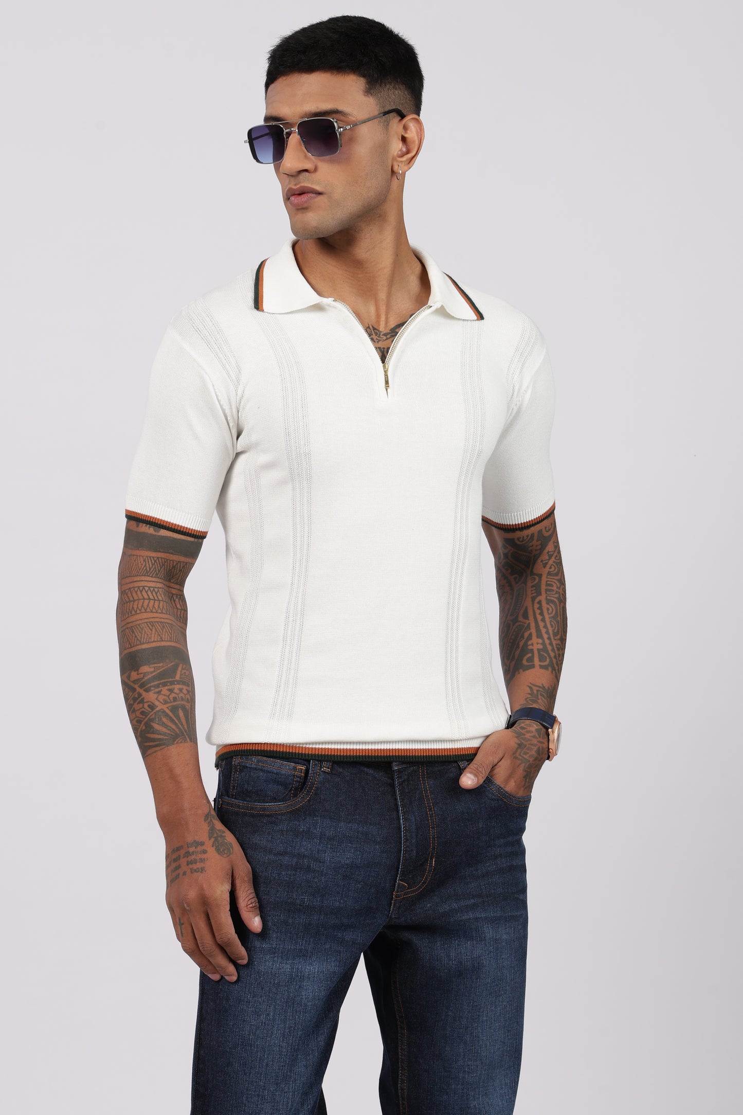 White Textured Stripe Knit Zipper Polo T-Shirt