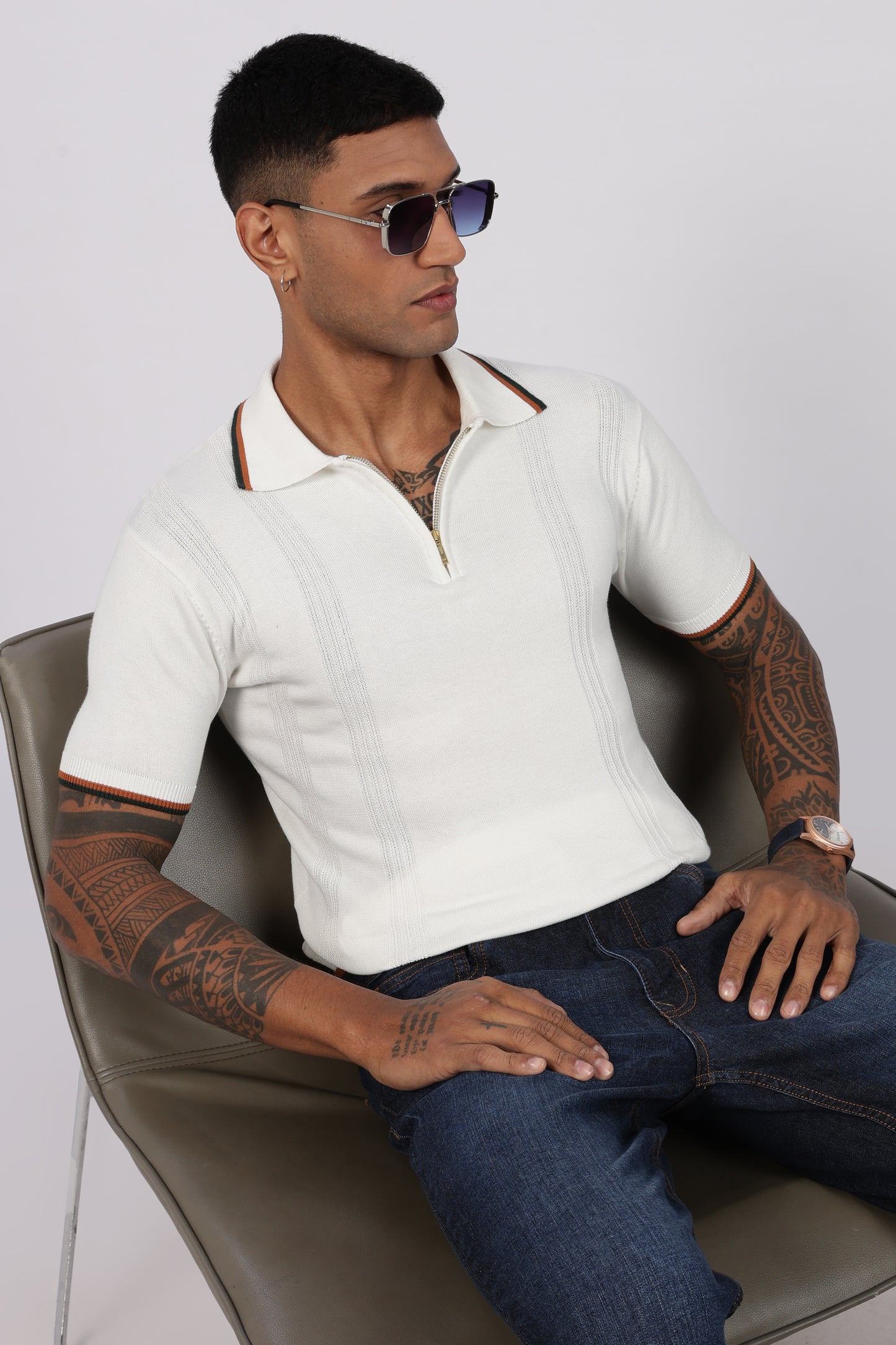 White Textured Stripe Knit Zipper Polo T-Shirt