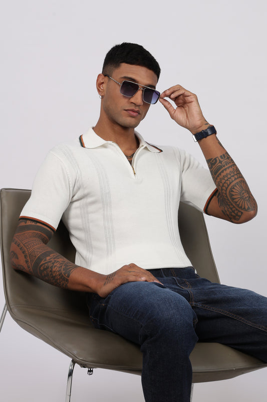 White Textured Stripe Knit Zipper Polo T-Shirt