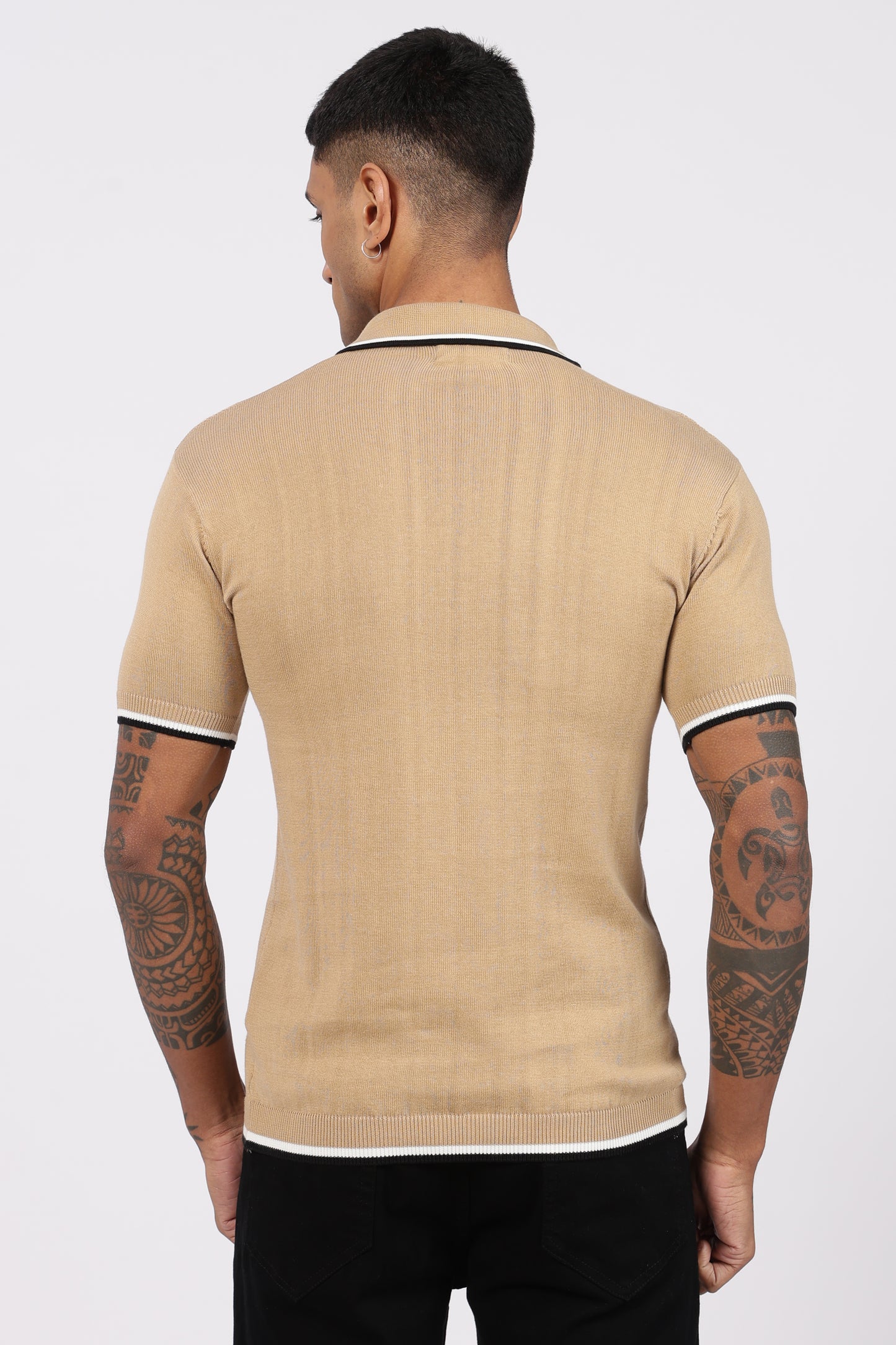 Beige Textured Stripe Knit Zipper Polo T-Shirt