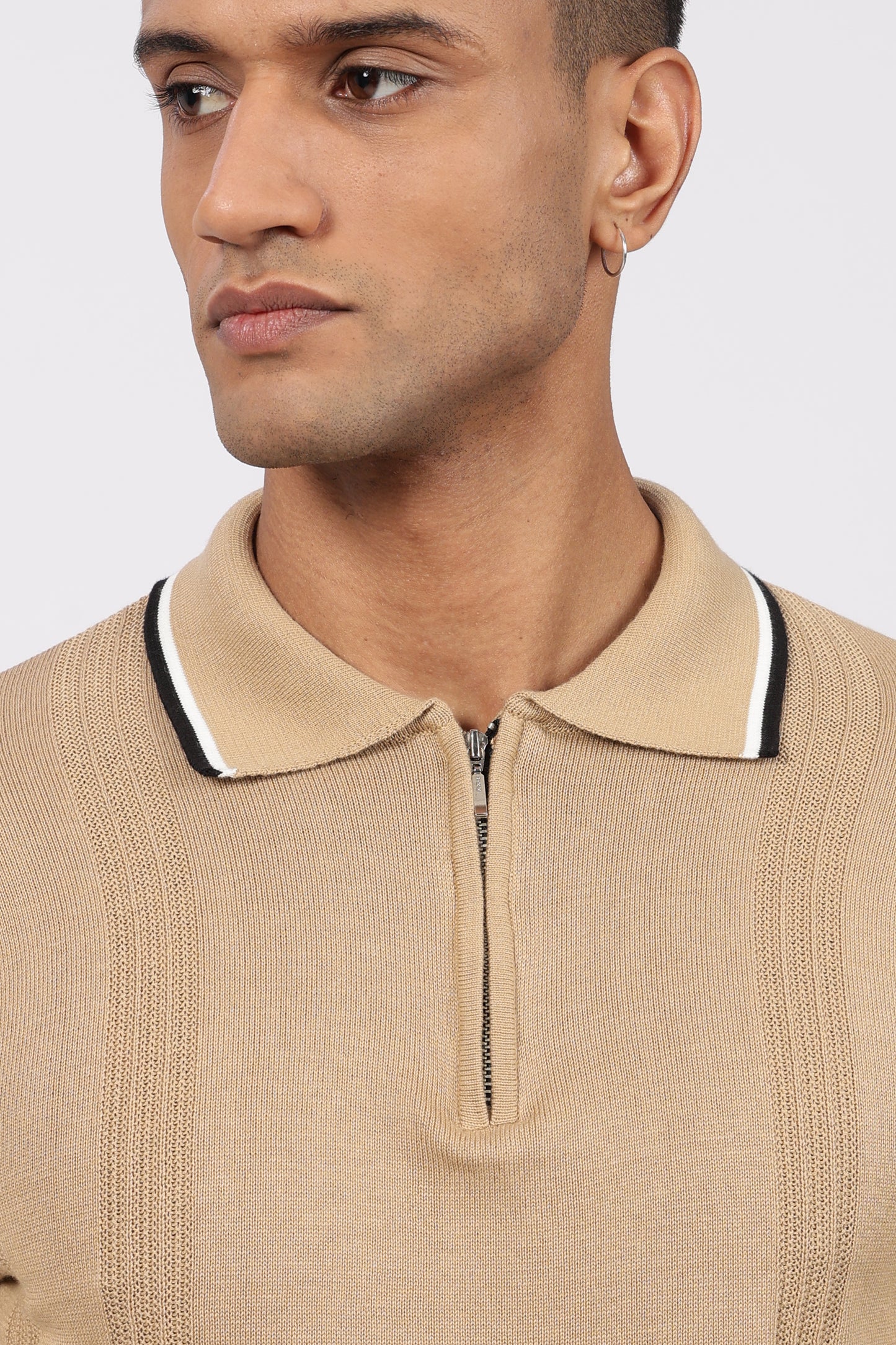 Beige Textured Stripe Knit Zipper Polo T-Shirt
