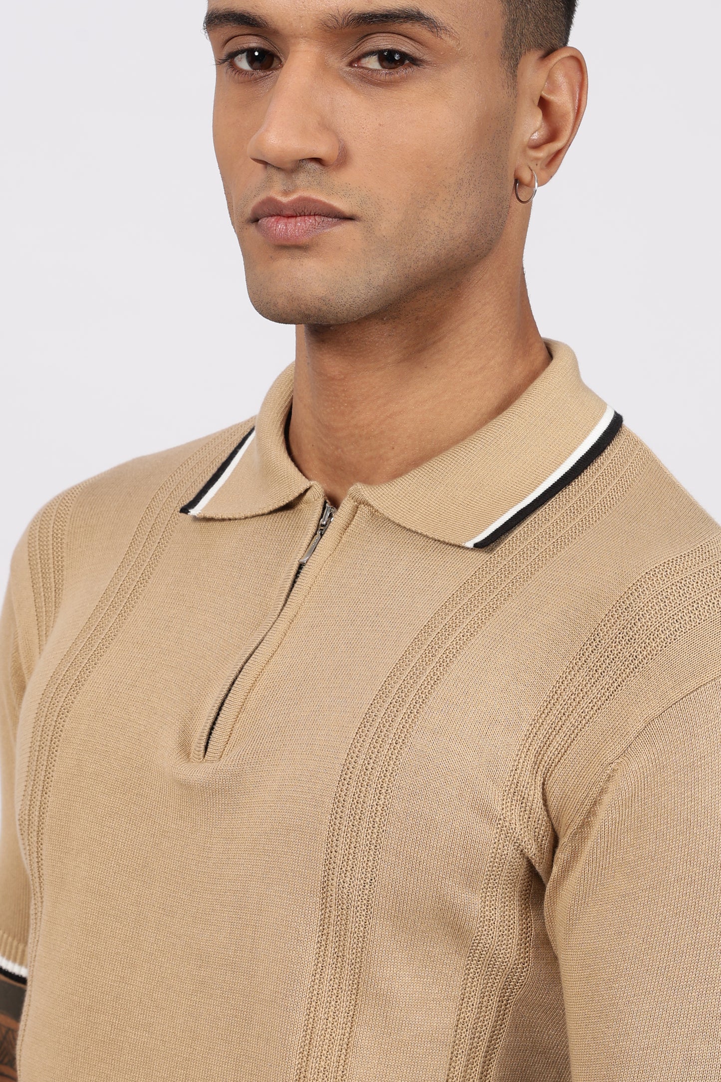 Beige Textured Stripe Knit Zipper Polo T-Shirt