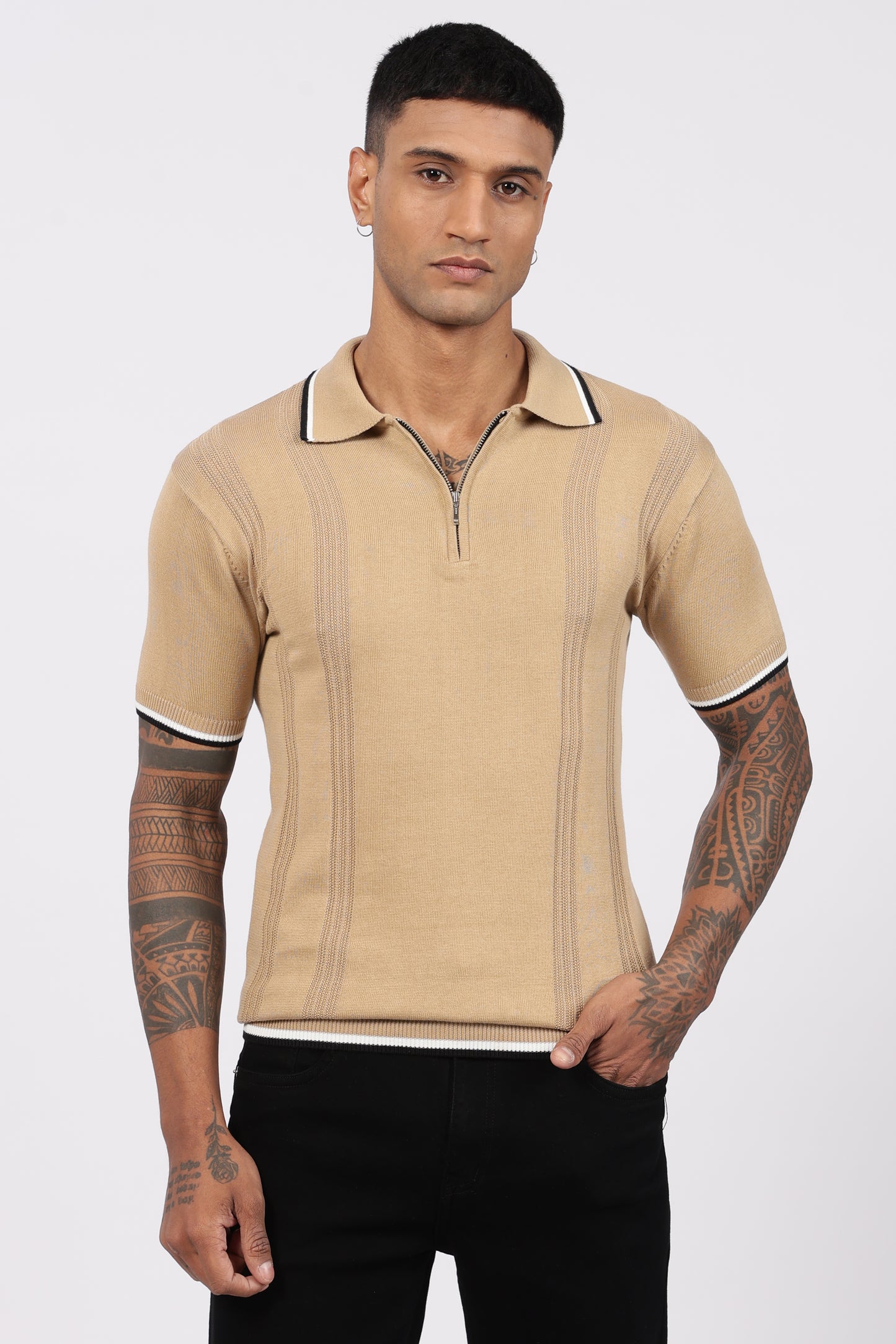 Beige Textured Stripe Knit Zipper Polo T-Shirt