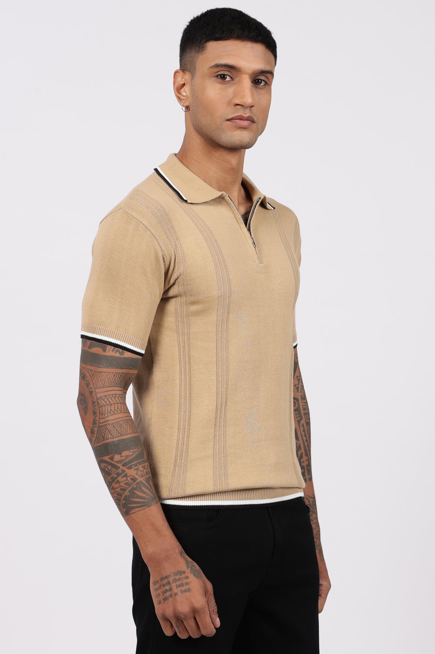 Beige Textured Stripe Knit Zipper Polo T-Shirt