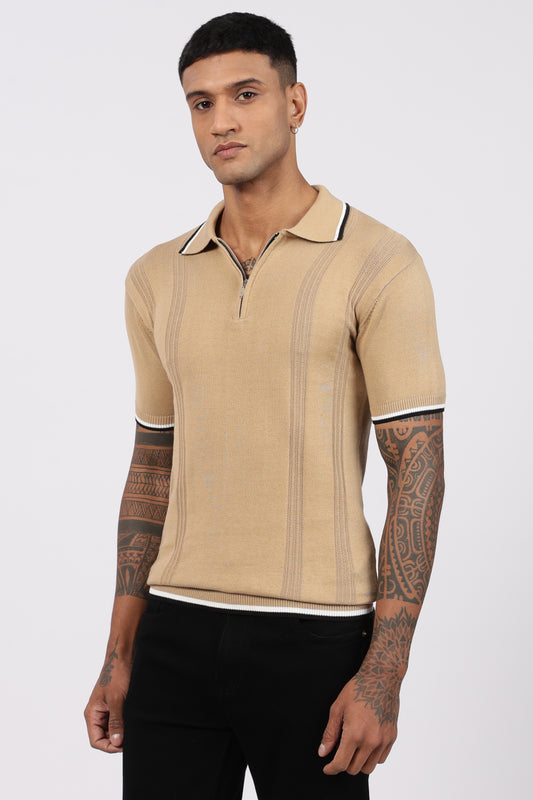 Beige Textured Stripe Knit Zipper Polo T-Shirt