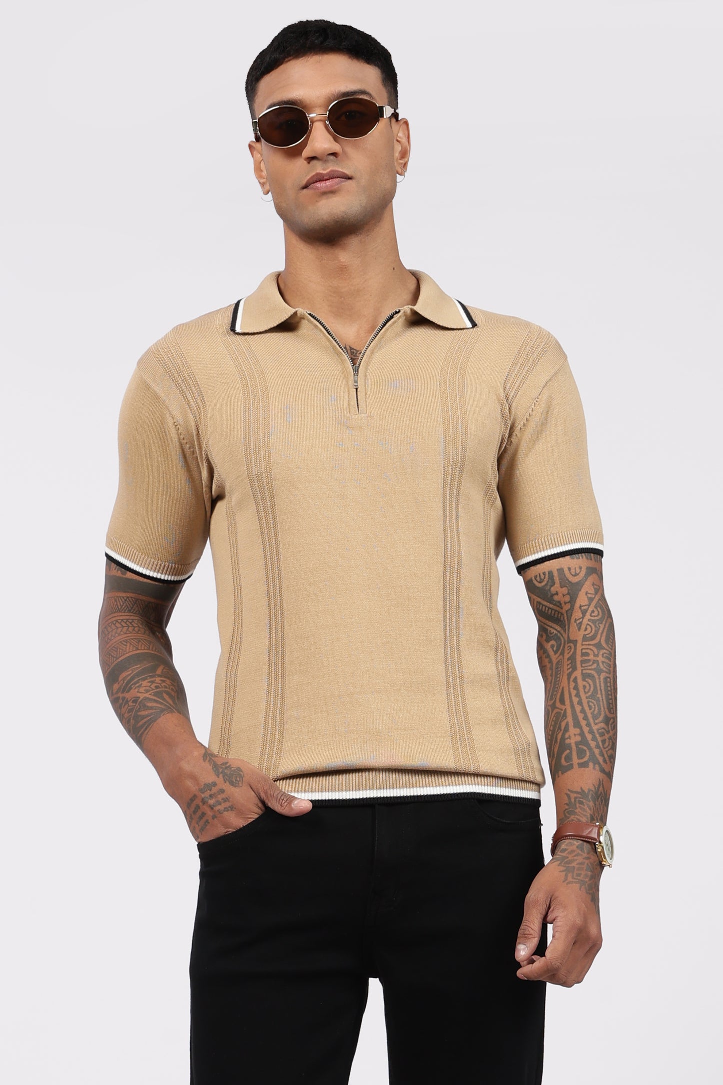 Beige Textured Stripe Knit Zipper Polo T-Shirt