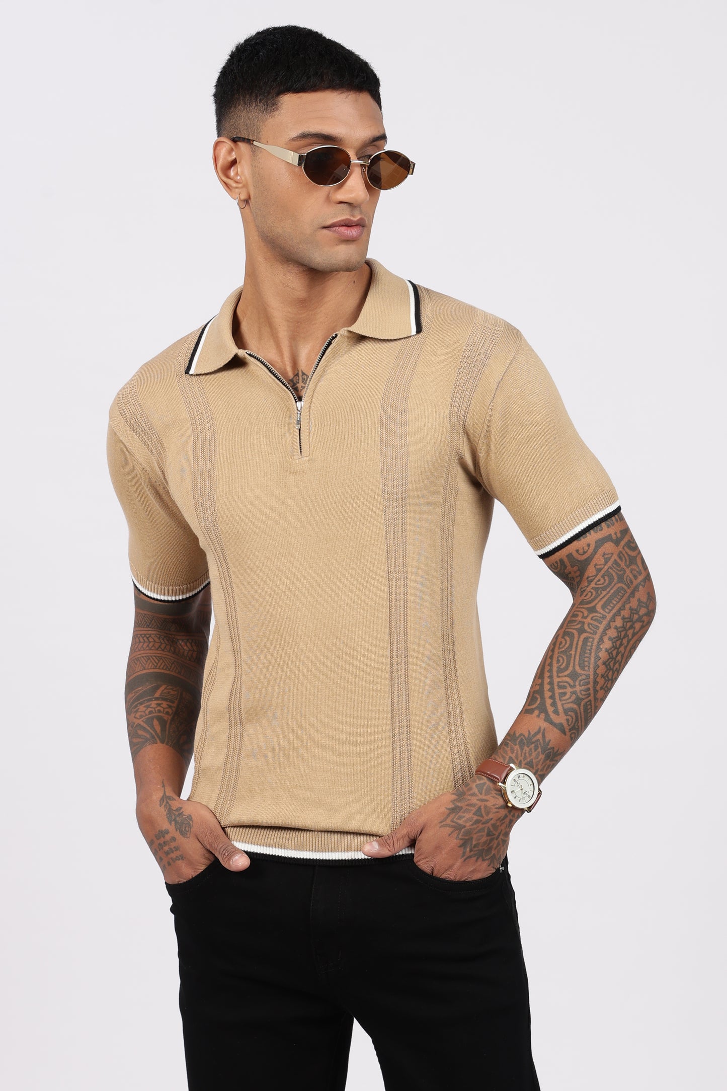 Beige Textured Stripe Knit Zipper Polo T-Shirt