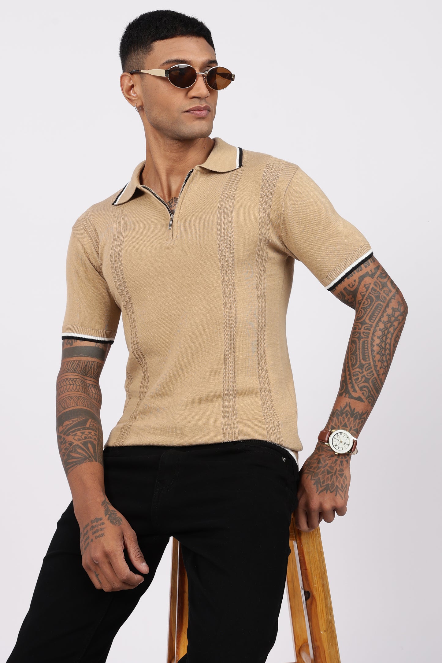 Beige Textured Stripe Knit Zipper Polo T-Shirt