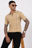Beige Textured Stripe Knit Zipper Polo T-Shirt