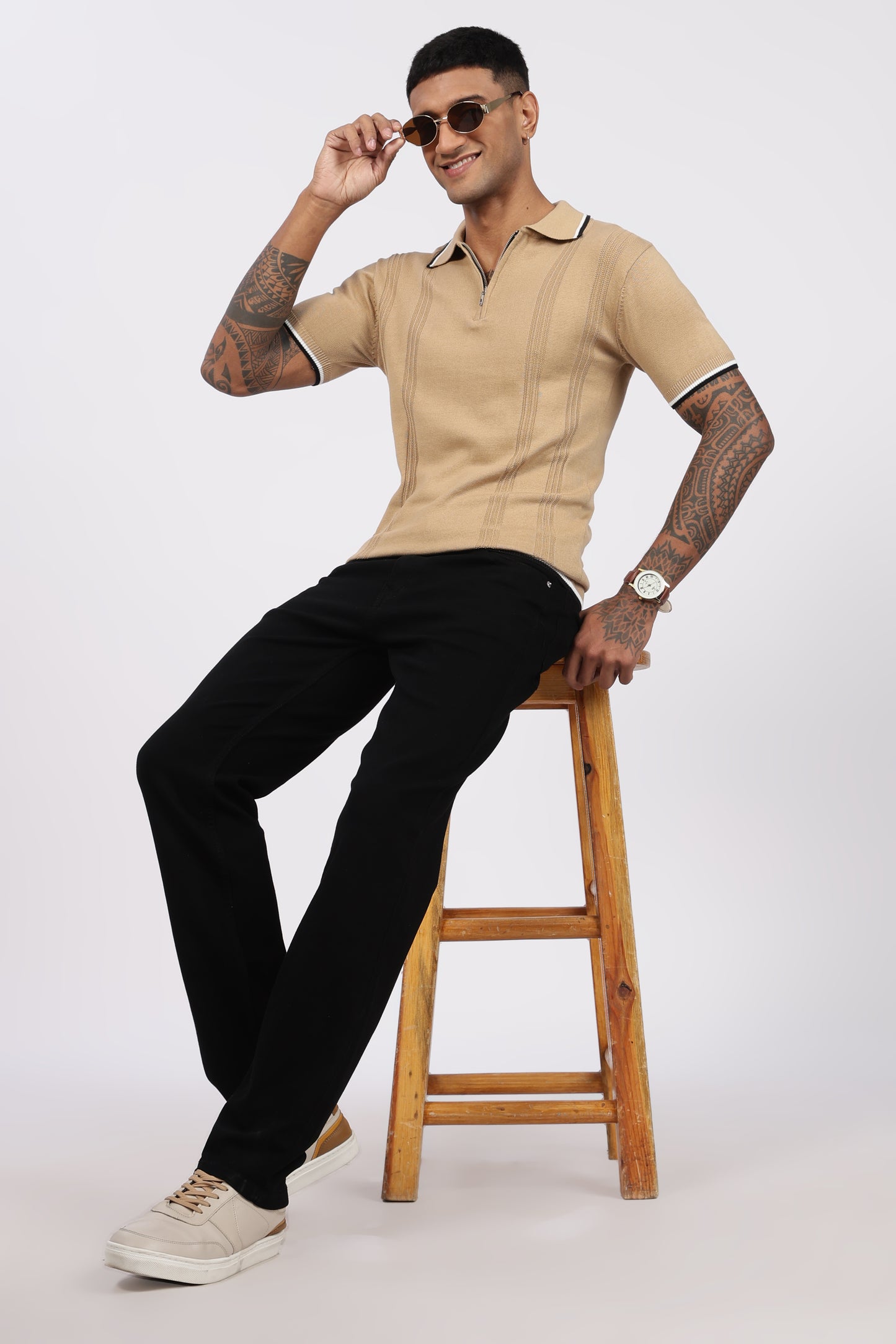 Beige Textured Stripe Knit Zipper Polo T-Shirt