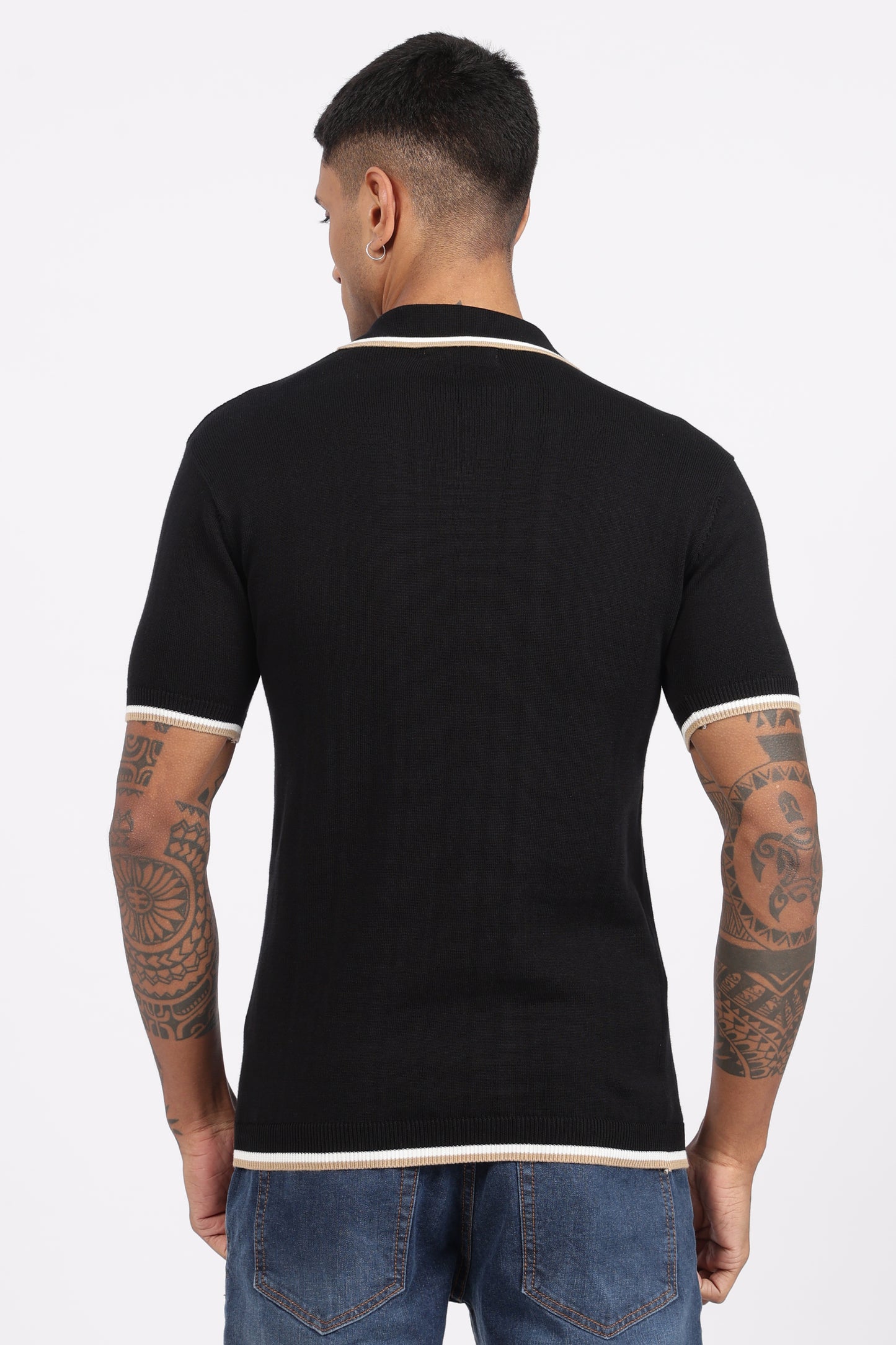 Black Textured Stripe Knit Zipper Polo T-Shirt