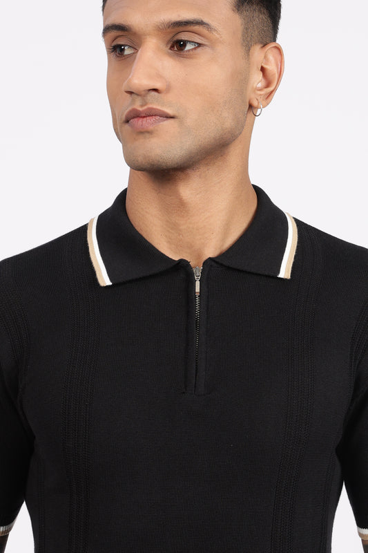 Black Textured Stripe Knit Zipper Polo T-Shirt