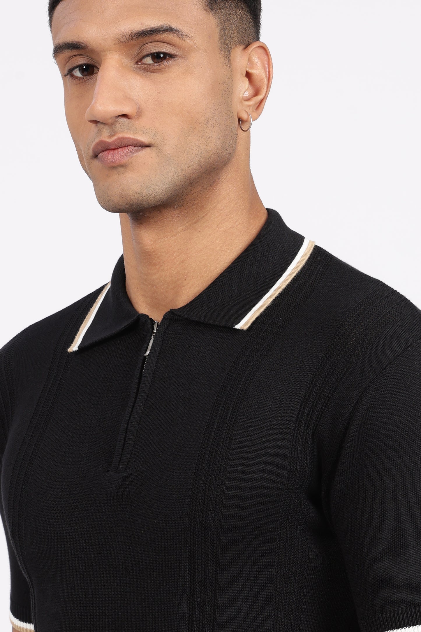 Black Textured Stripe Knit Zipper Polo T-Shirt
