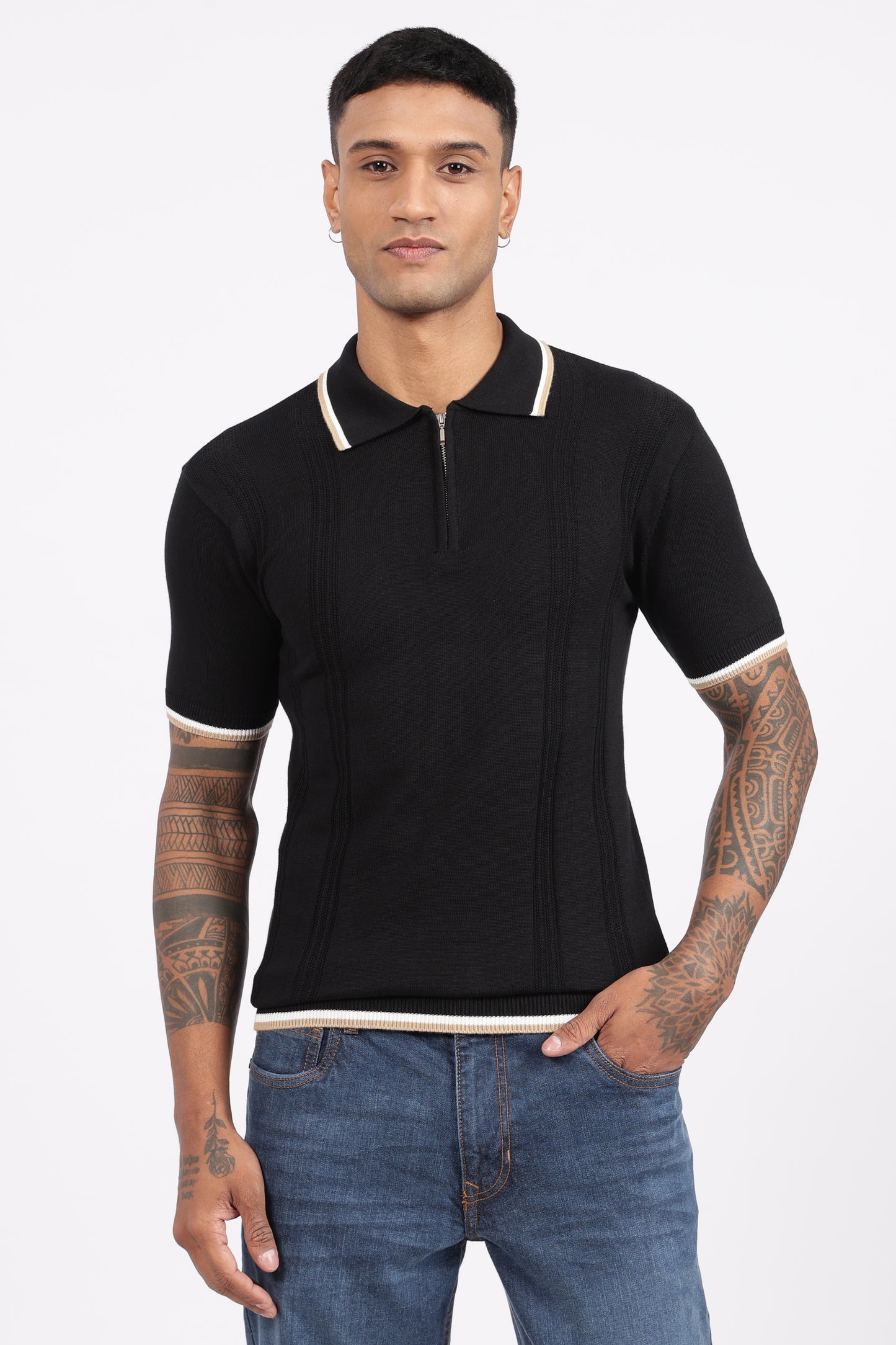 Black Textured Stripe Knit Zipper Polo T-Shirt