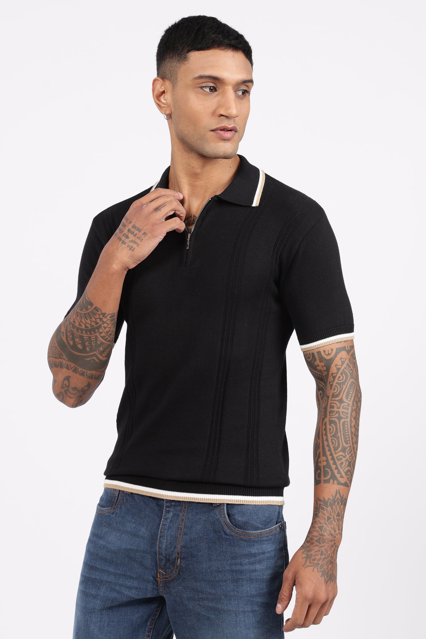 Black Textured Stripe Knit Zipper Polo T-Shirt