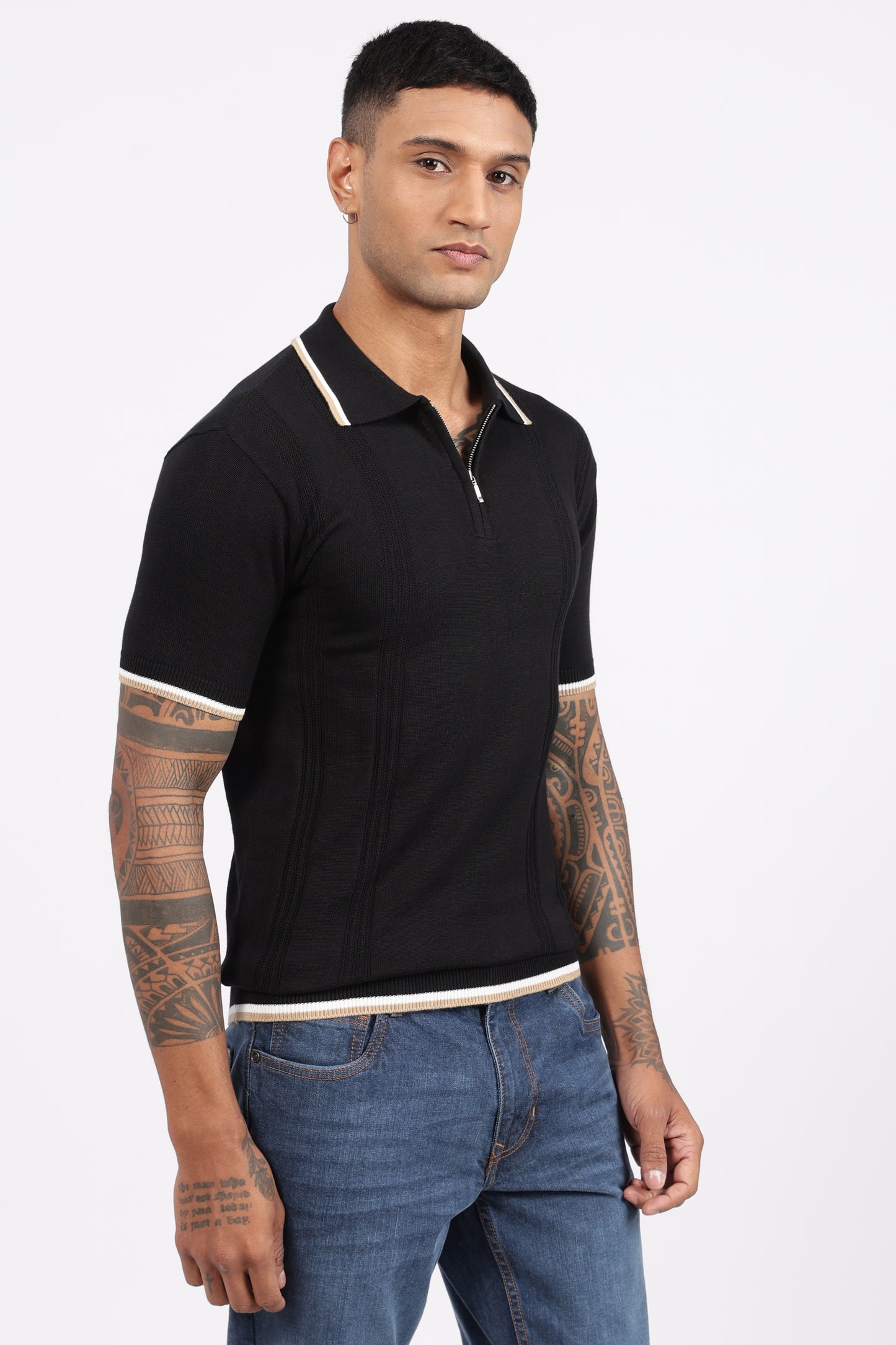Black Textured Stripe Knit Zipper Polo T-Shirt