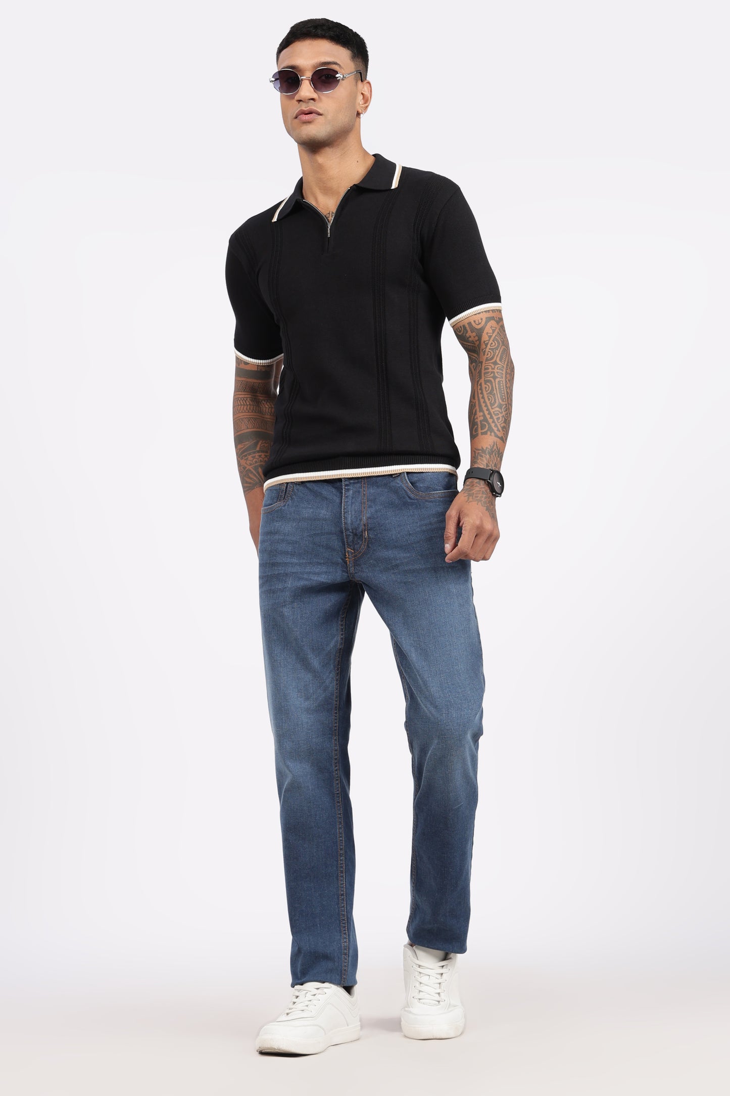 Black Textured Stripe Knit Zipper Polo T-Shirt