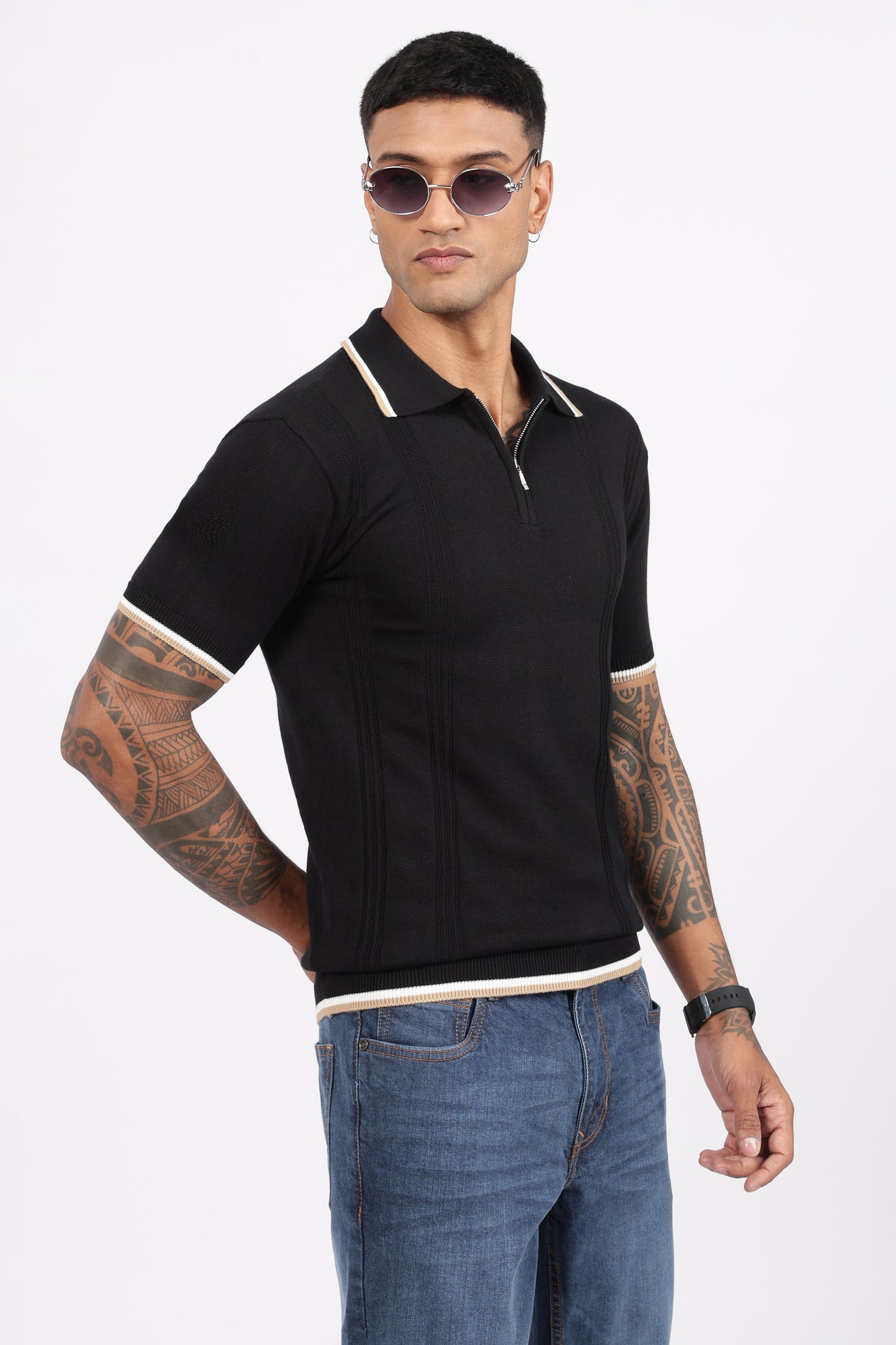 Black Textured Stripe Knit Zipper Polo T-Shirt