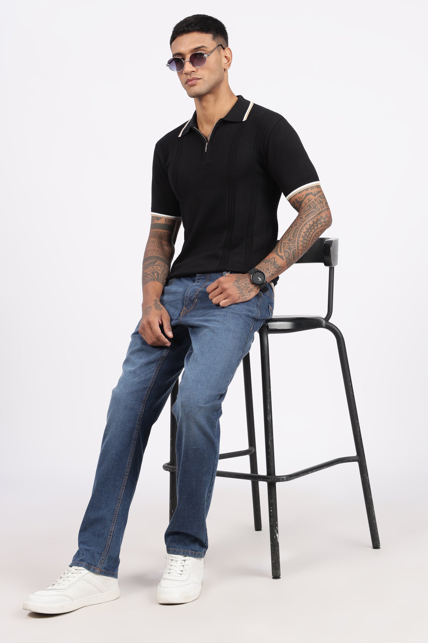 Black Textured Stripe Knit Zipper Polo T-Shirt