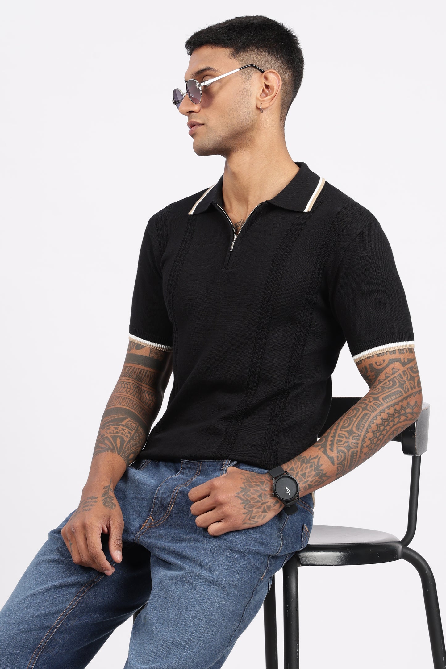 Black Textured Stripe Knit Zipper Polo T-Shirt