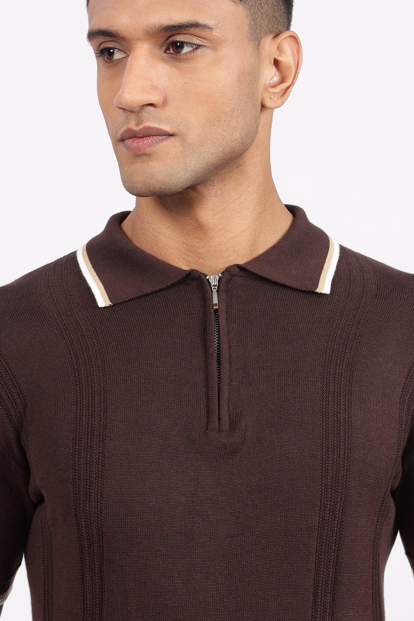 Cofee Brown Textured Stripe Knit Zipper Polo T-Shirt