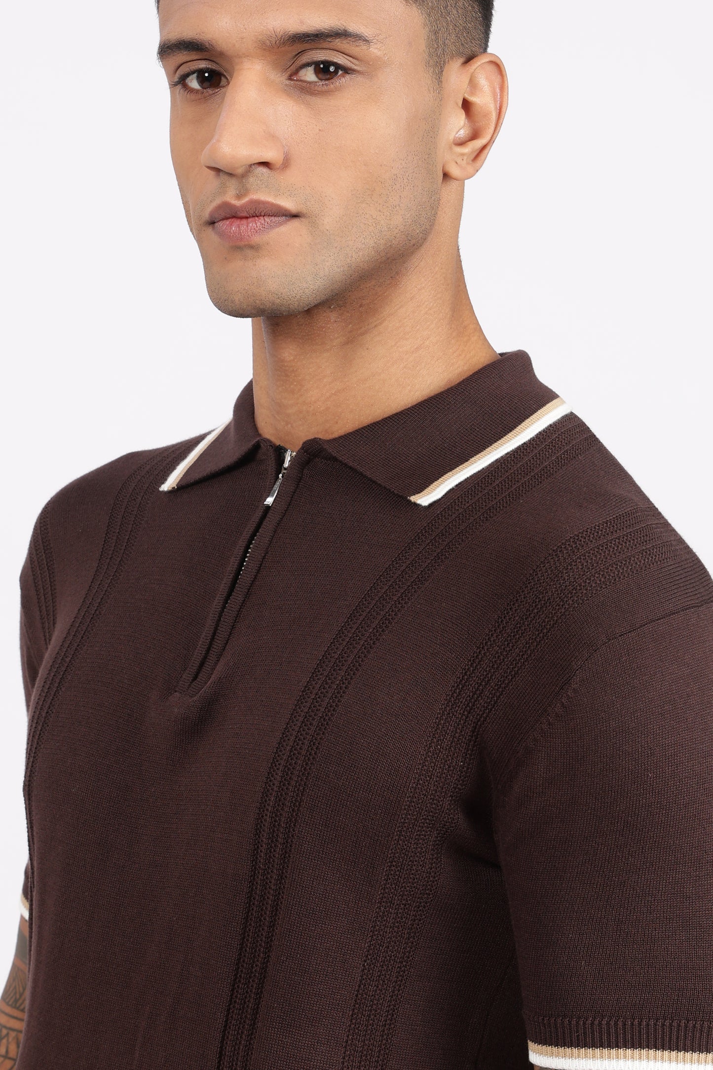 Cofee Brown Textured Stripe Knit Zipper Polo T-Shirt