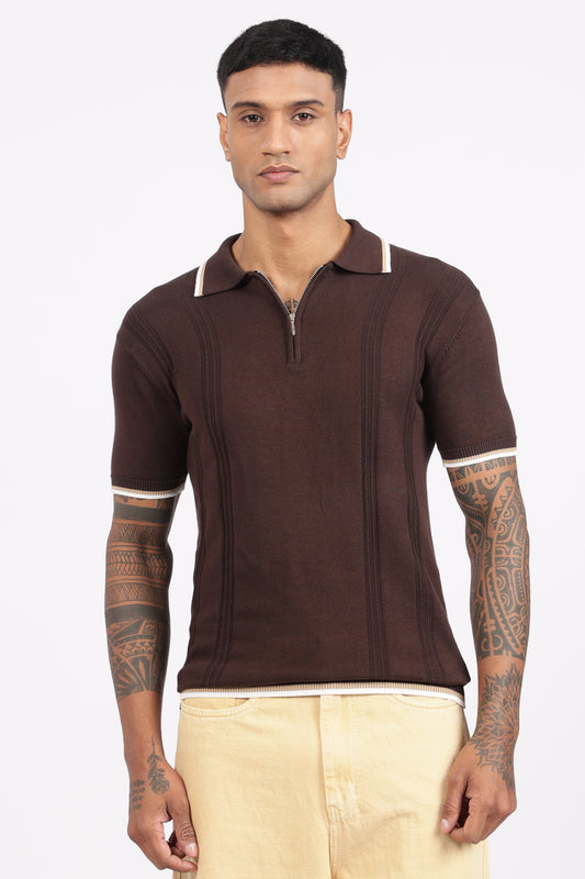Cofee Brown Textured Stripe Knit Zipper Polo T-Shirt