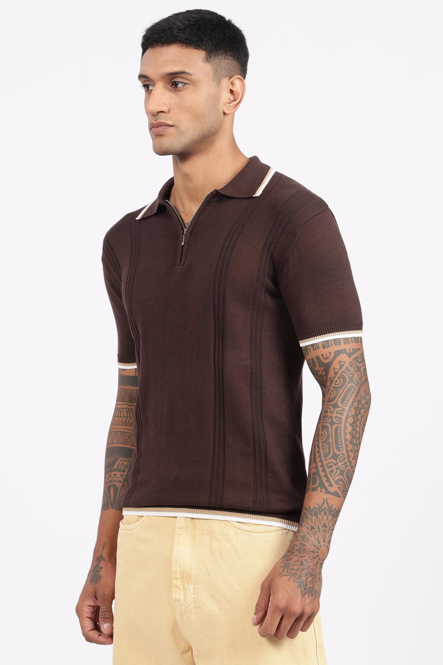 Cofee Brown Textured Stripe Knit Zipper Polo T-Shirt