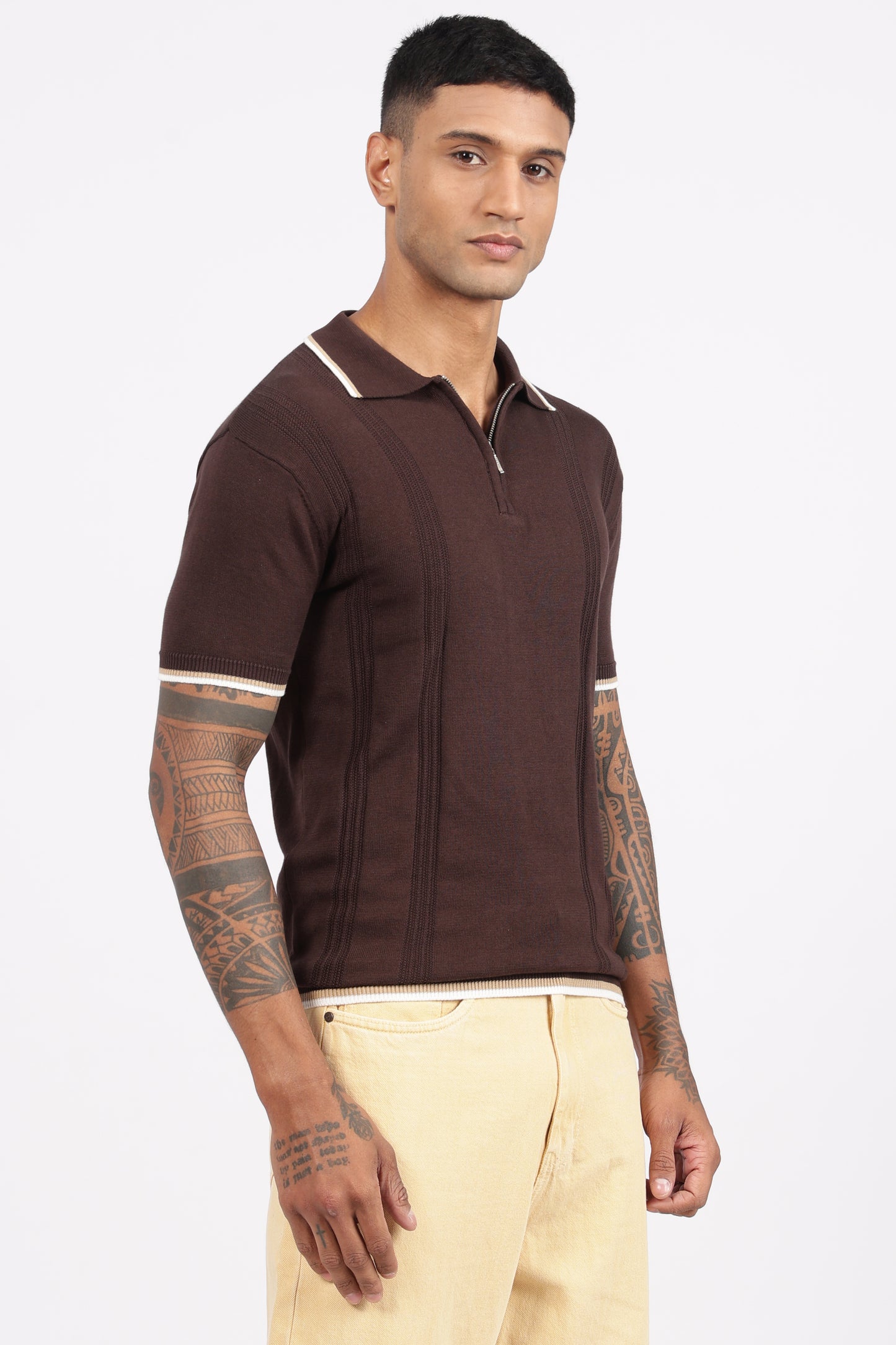 Cofee Brown Textured Stripe Knit Zipper Polo T-Shirt