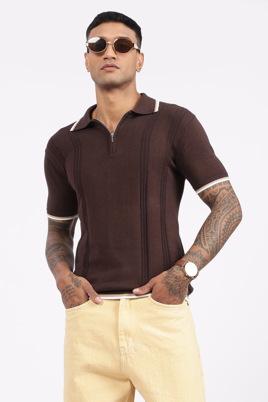 Cofee Brown Textured Stripe Knit Zipper Polo T-Shirt