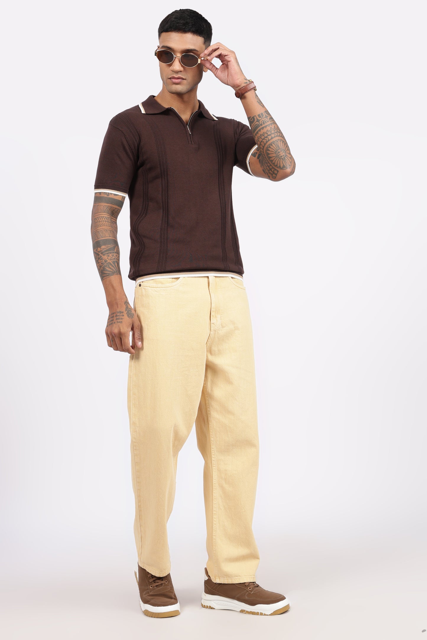 Cofee Brown Textured Stripe Knit Zipper Polo T-Shirt