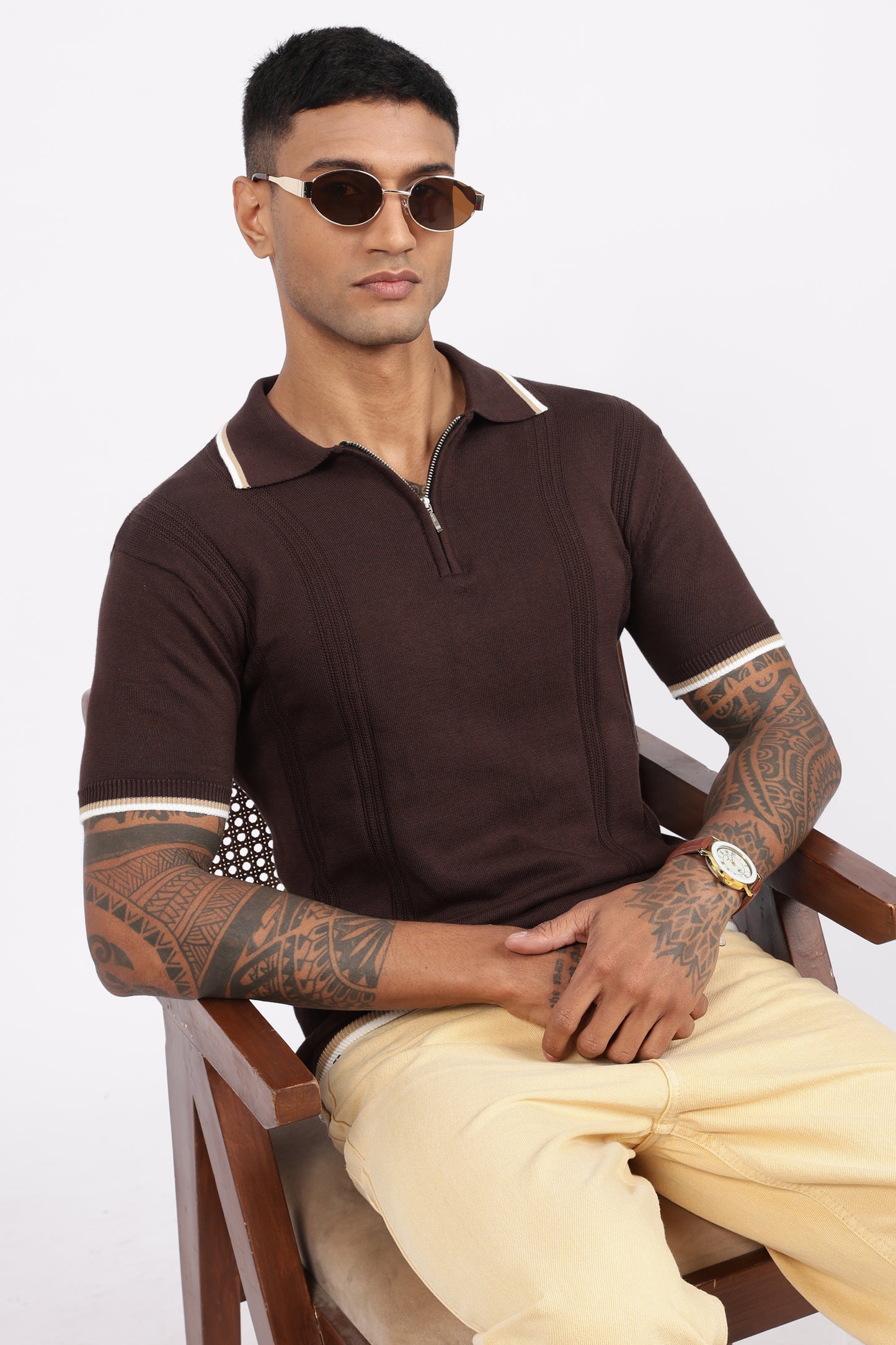 Cofee Brown Textured Stripe Knit Zipper Polo T-Shirt