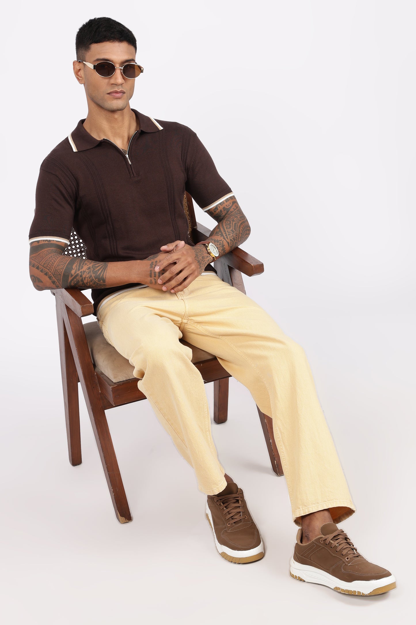 Cofee Brown Textured Stripe Knit Zipper Polo T-Shirt