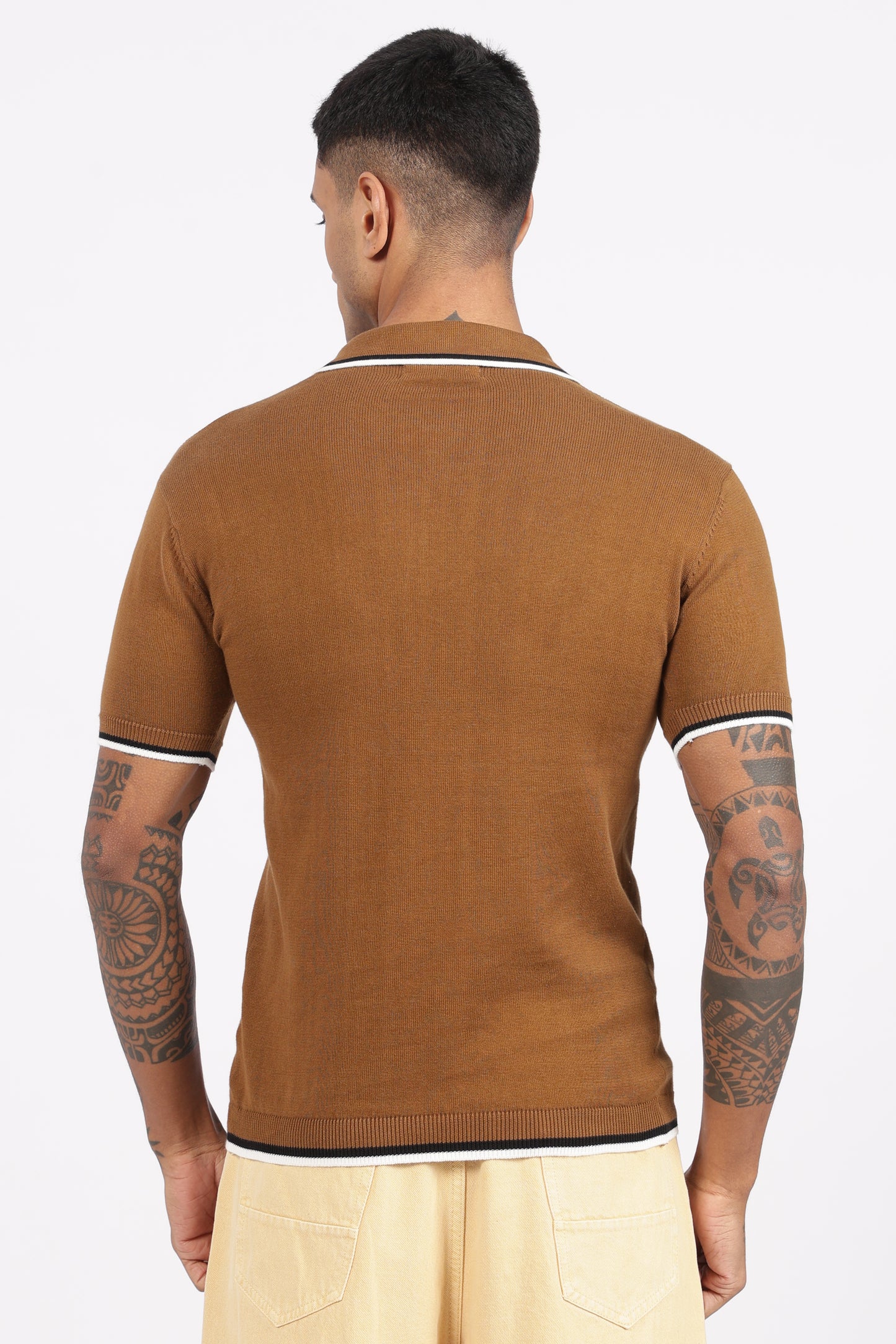 Camel Brown Textured Stripe Knit Zipper Polo T-Shirt