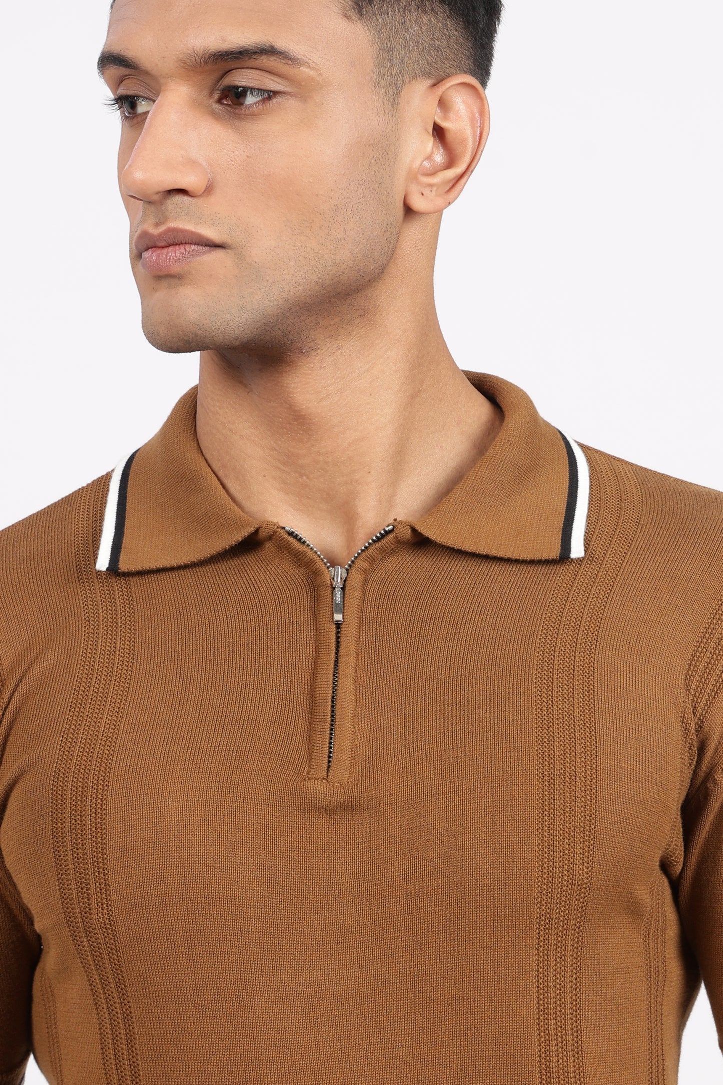 Camel Brown Textured Stripe Knit Zipper Polo T-Shirt