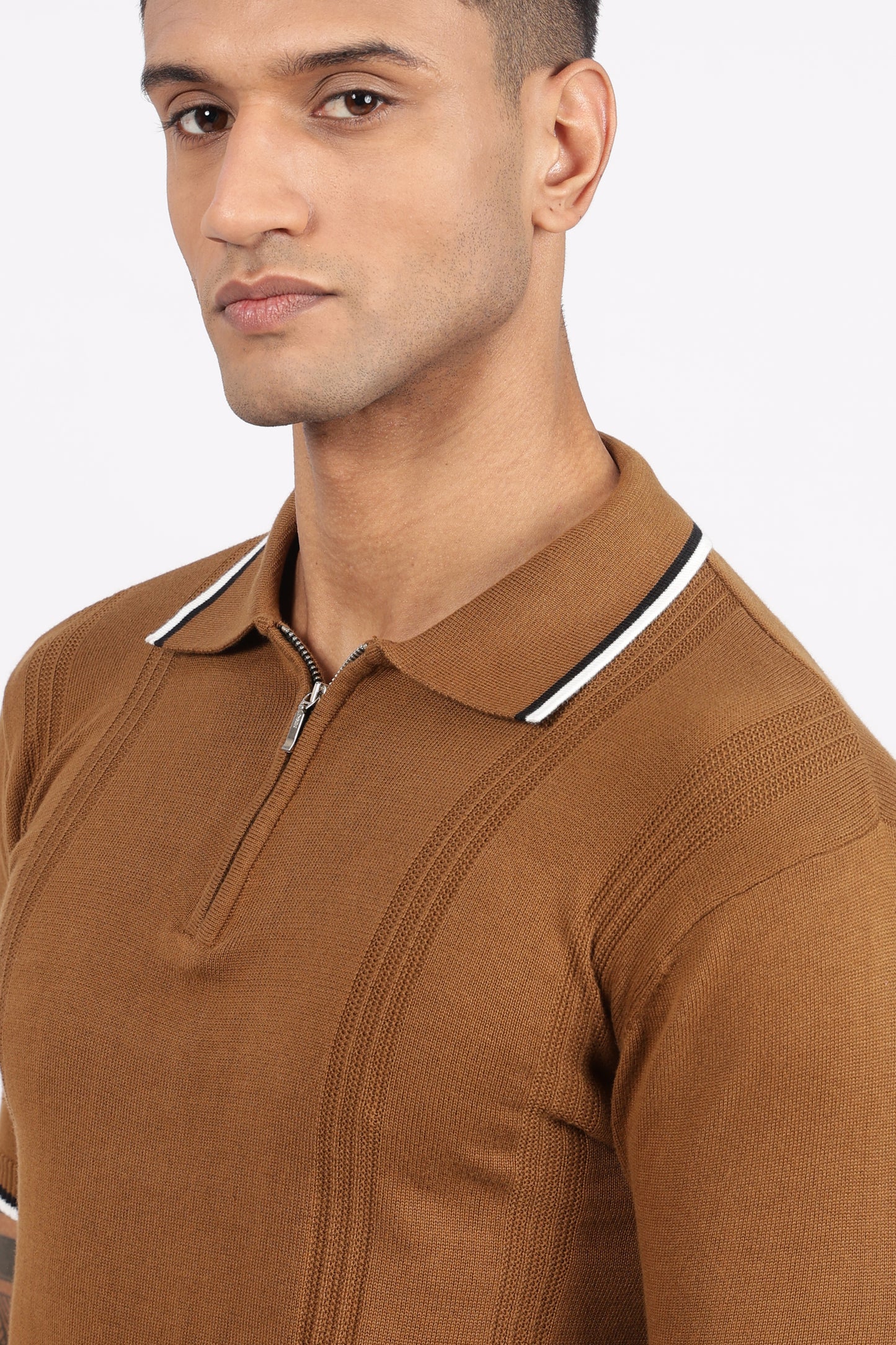 Camel Brown Textured Stripe Knit Zipper Polo T-Shirt