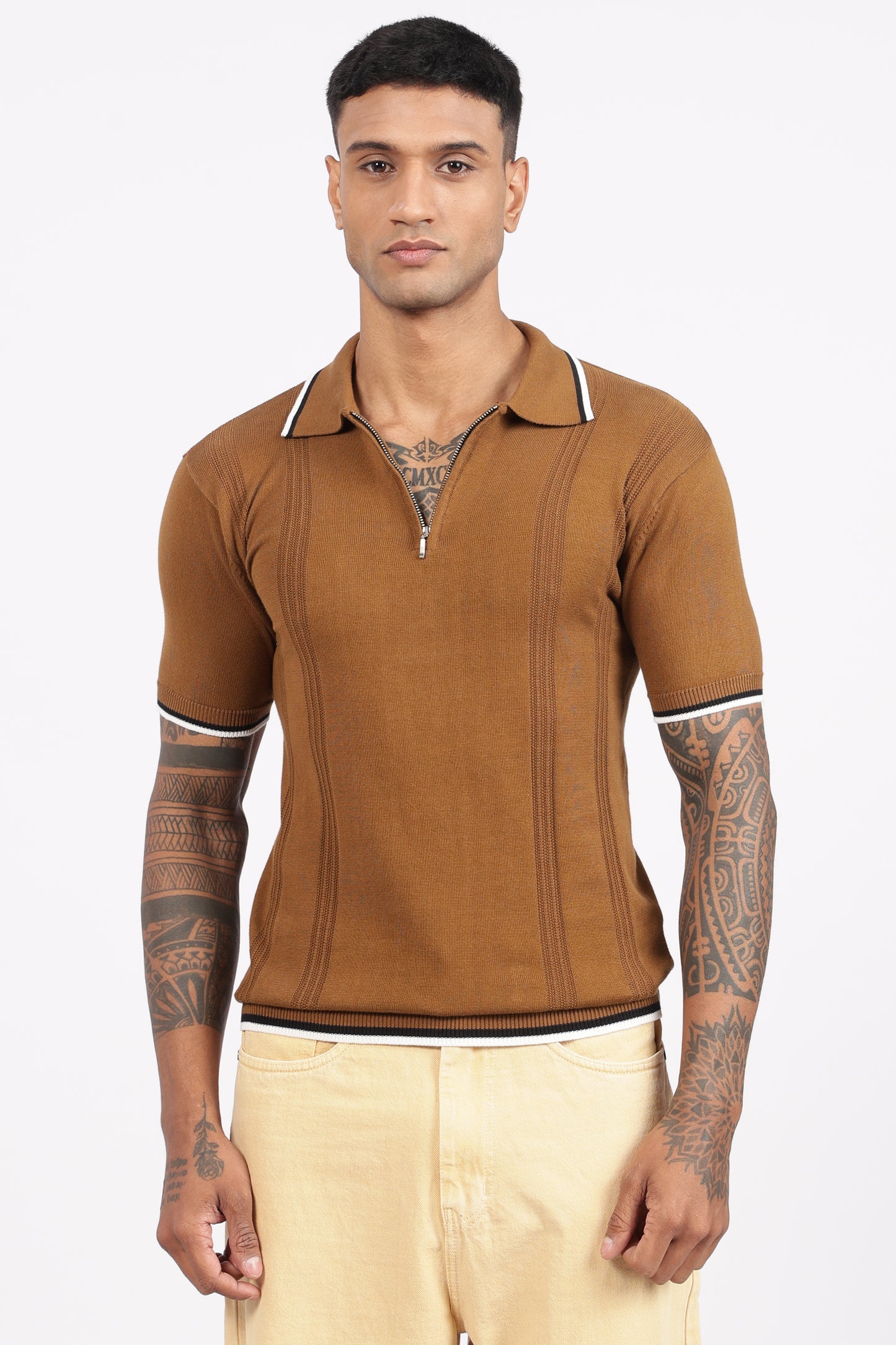 Camel Brown Textured Stripe Knit Zipper Polo T-Shirt