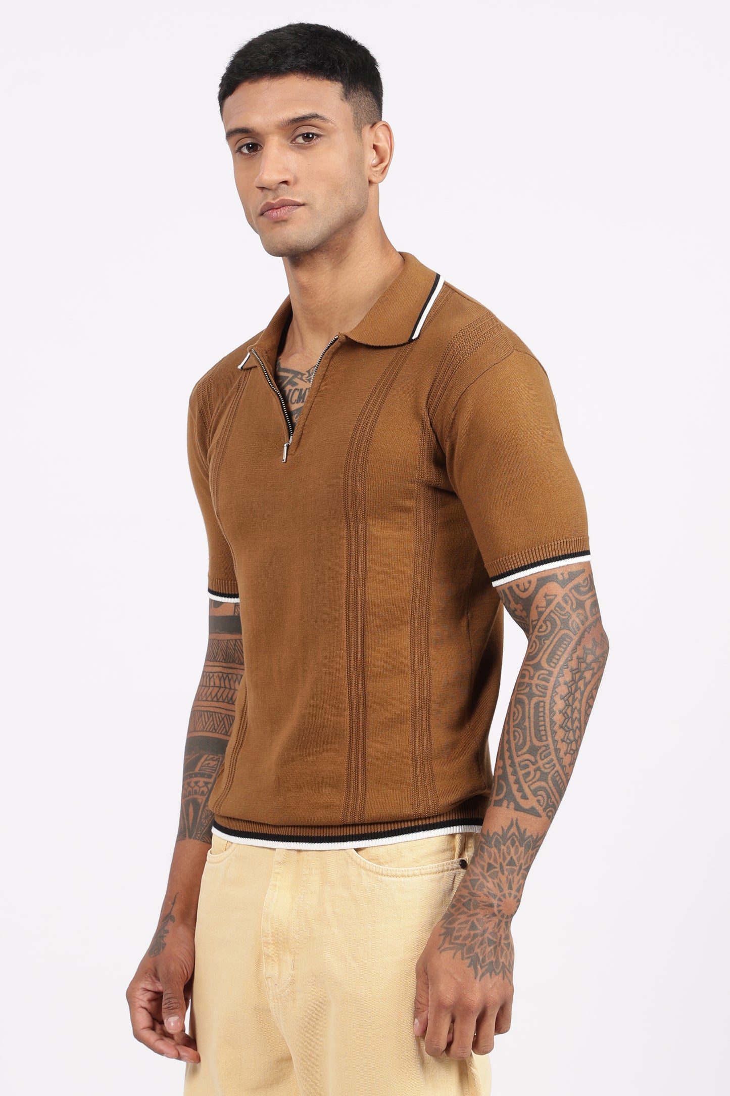Camel Brown Textured Stripe Knit Zipper Polo T-Shirt