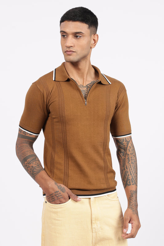 Camel Brown Textured Stripe Knit Zipper Polo T-Shirt