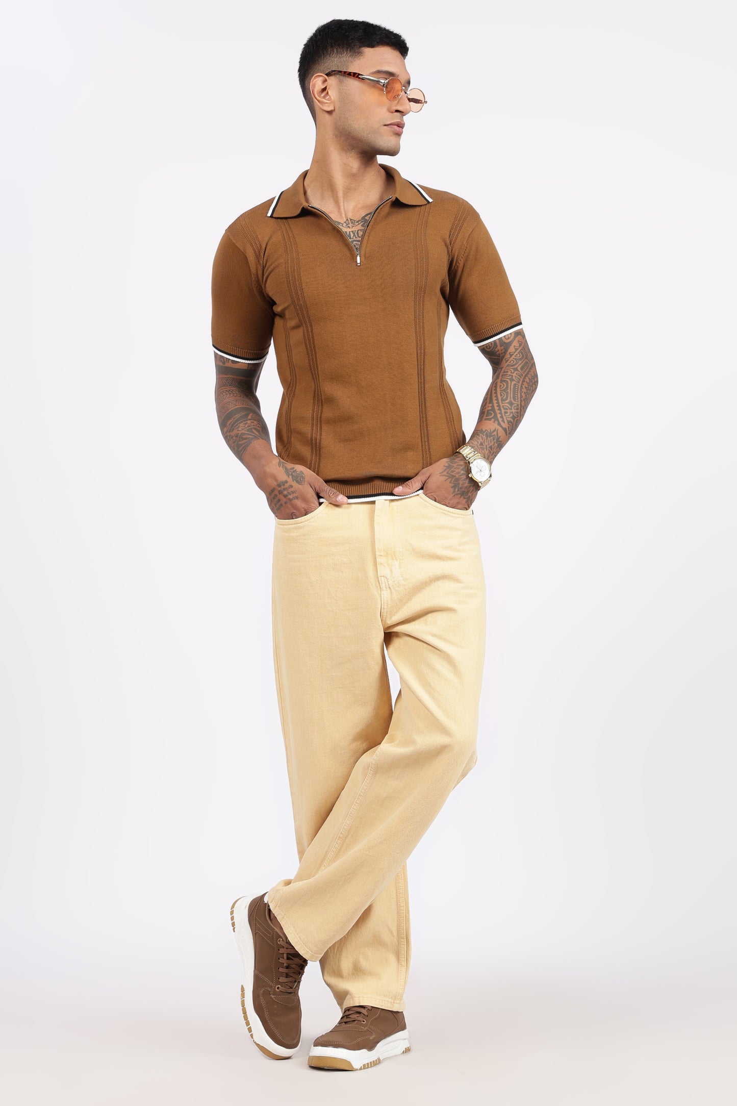 Camel Brown Textured Stripe Knit Zipper Polo T-Shirt