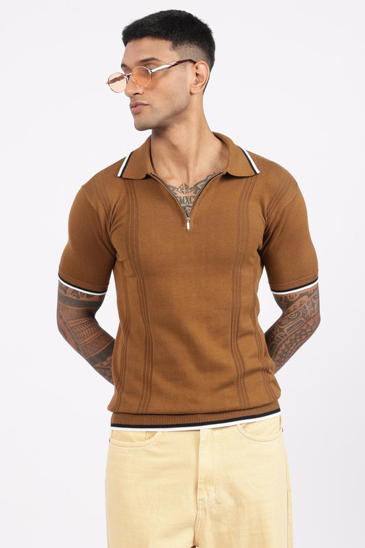Camel Brown Textured Stripe Knit Zipper Polo T-Shirt