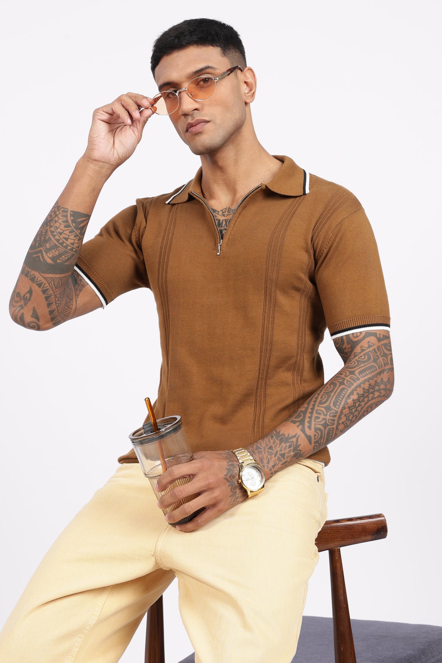 Camel Brown Textured Stripe Knit Zipper Polo T-Shirt